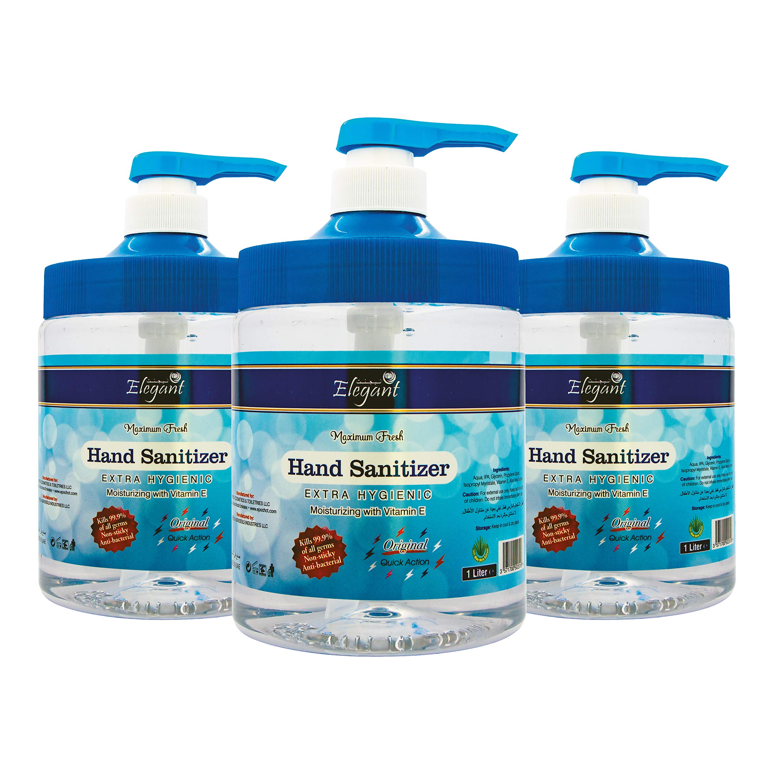 Elegant Hand Sanitizer Gel – 1 Liter – Pack of 3 – 70% IPA – Advanced Germ Protection – Moisturizers & Vitamin E