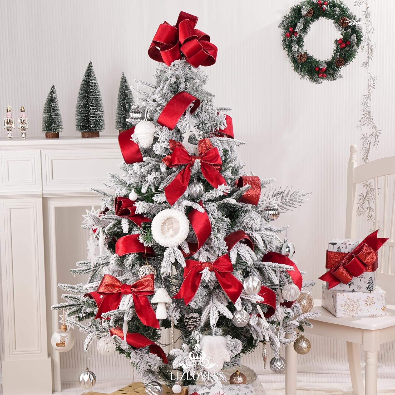 Condition photo showing New/Like New for red velvet wired ribbon with glitter back 2.5 inch red christmas ribbon wired reversible ribbon for christmas tree, gift wrapping, mantel, wreaths supplies, topper bows (10 yards) red 2.5"