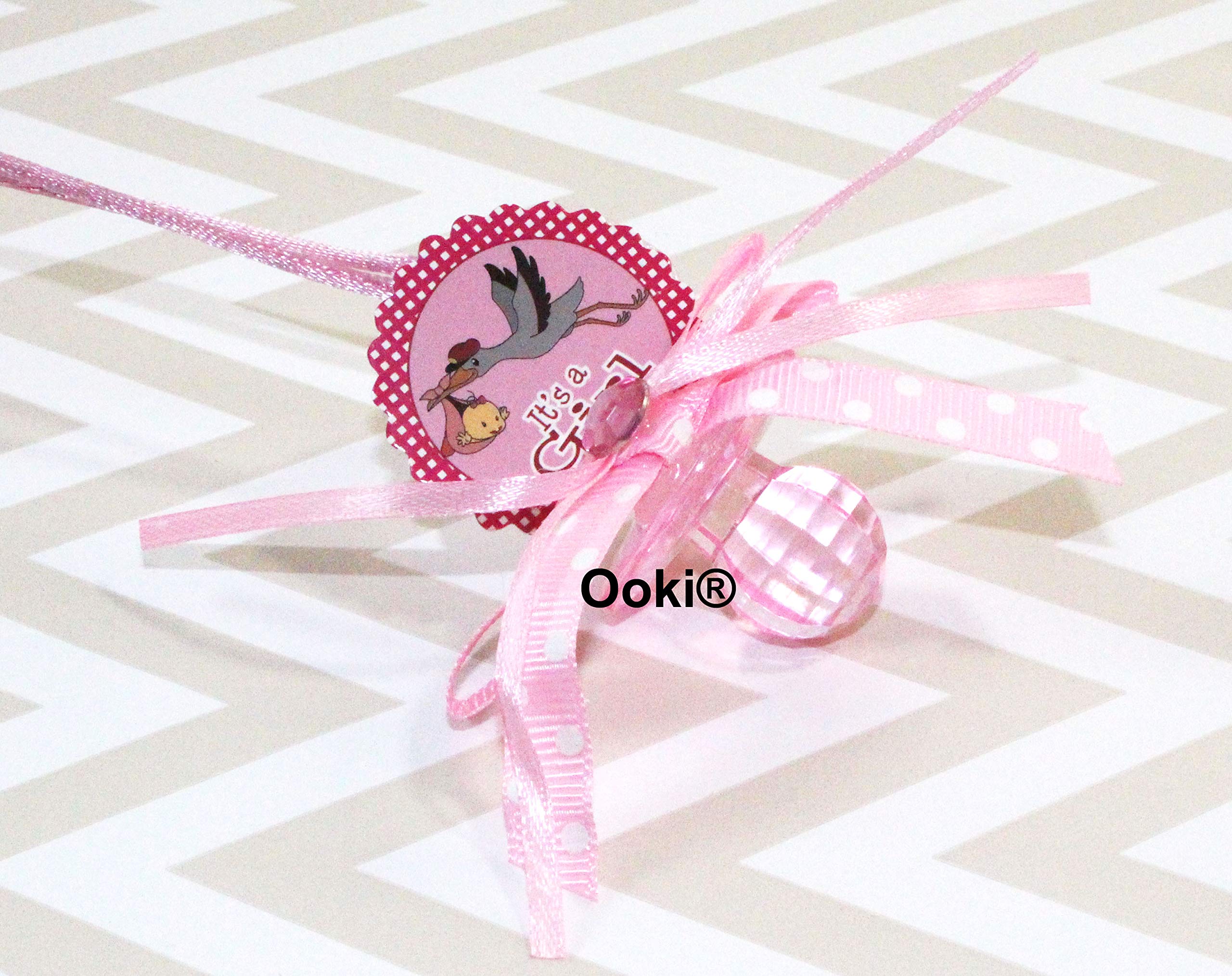 Baby Stork Bird Polka Dot Acrylic Pacifier Ribbon Necklaces Baby Shower Game Favors Prize Decorations Boy Girl (It's a Girl)
