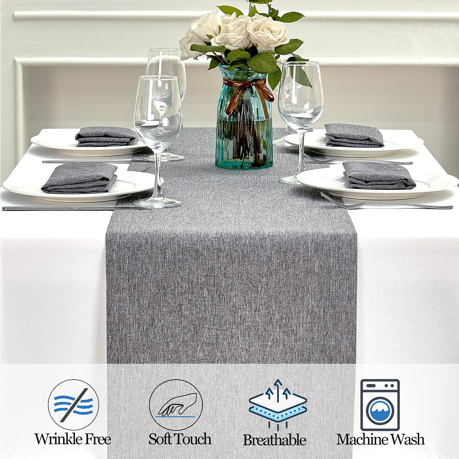 Mebakuk Camino de mesa de lino granja estilo arpillera grande suave e impermeable tela decorativa camino para bodas al aire libre y cena (35,5 x 72 cm), color gris oscuro