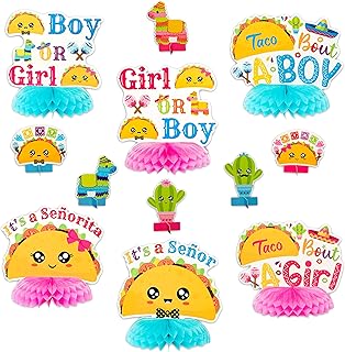 Haooryx 12Pcs Taco Bout a Baby Gender Reveal Honeycomb Centerpiece, Mexican Cinco De Mayo Theme Fiesta Party Table Topper Decoration for Boy or Girl Baby Shower He or She Gender Reveal Party Supplies