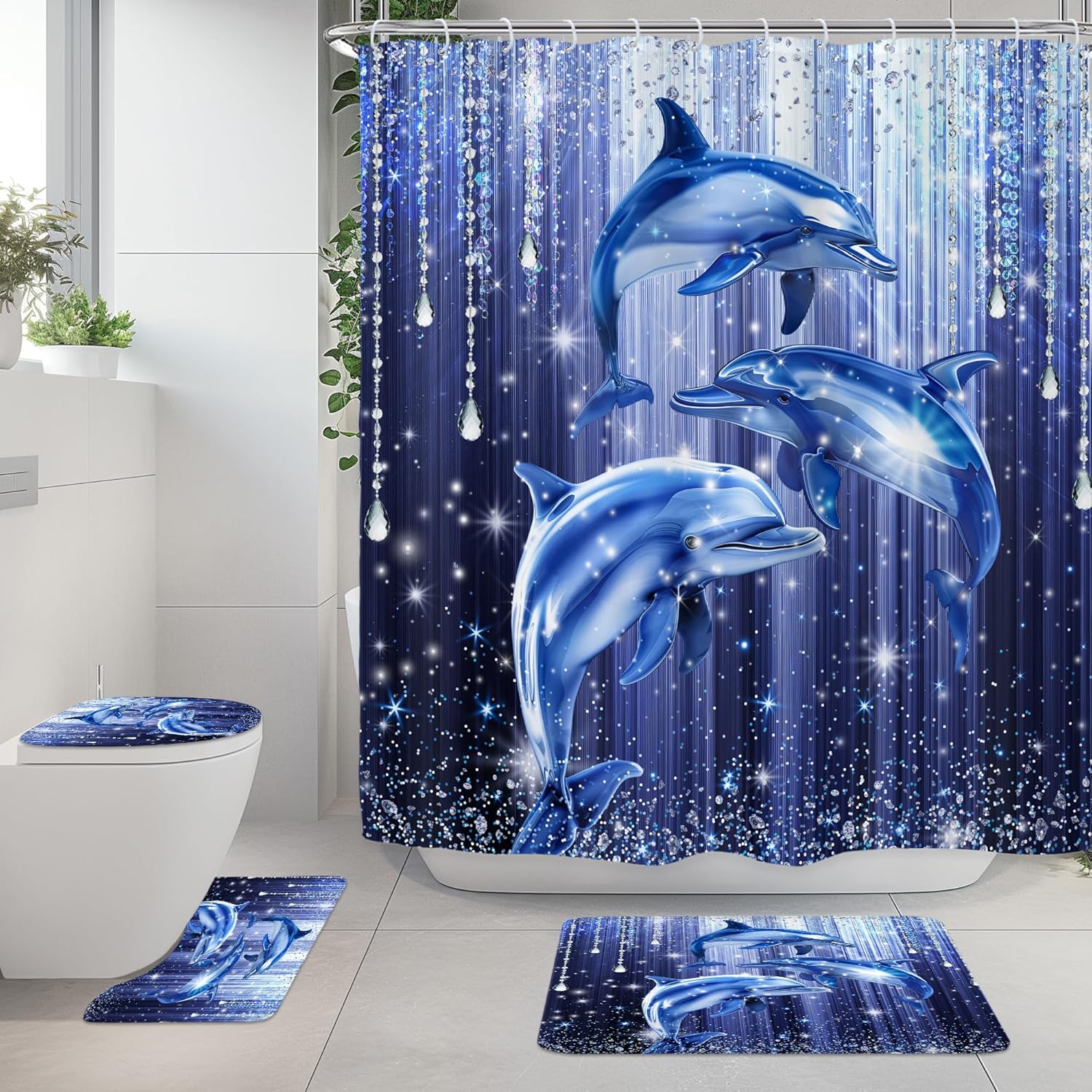 Riyidecor Diamond Dolphin Blue Silver 4Pcs Bathroom Shower Curtain Sets Ocean Sparkle Bathroom Decor Set with Rugs and Accessories Sea Animals Toilet Lid Rug, Contour and Bath Mat with 12 Hooks