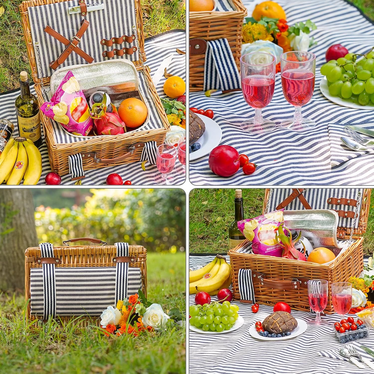 Wicker Picnic Basket Set for 2 Persons with Blanket,Handmade Willow Picnic Basket with Insulated Cooler & Cutlery Kit, Gift Basket for Couples,Valentine Day,Birthday, Wedding, Outdoor Party - Image 4