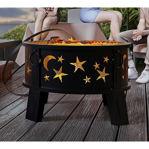 Kingson 26" Outdoor Fire Pit with Grill & Mesh Cover, Wood Burning Steel Firepit with Poker & Star Spark Screen, Heavy Duty Patio Fire Bowl for Backyard, Camping & Garden