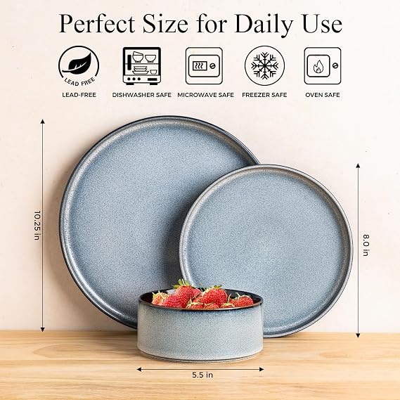 LERATIO Ceramic Dinnerware Sets for 4,12-Piece Plates and Bowls Set | Handmade Reactive Glaze Stoneware Dish Set,Oven & Microwave,Dishwasher Safe,Scratch Resistant-Gray White