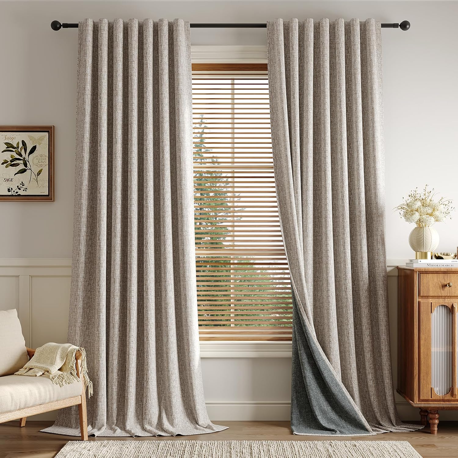 Rinwoc 100% Blackout Curtains 108 inch Length 2 Panels for Living Room, Linen Textured Room Darkening Thermal Insulated Soundproof Farmhouse Drapes for Bedroom (W52xL108, Copper Brown)