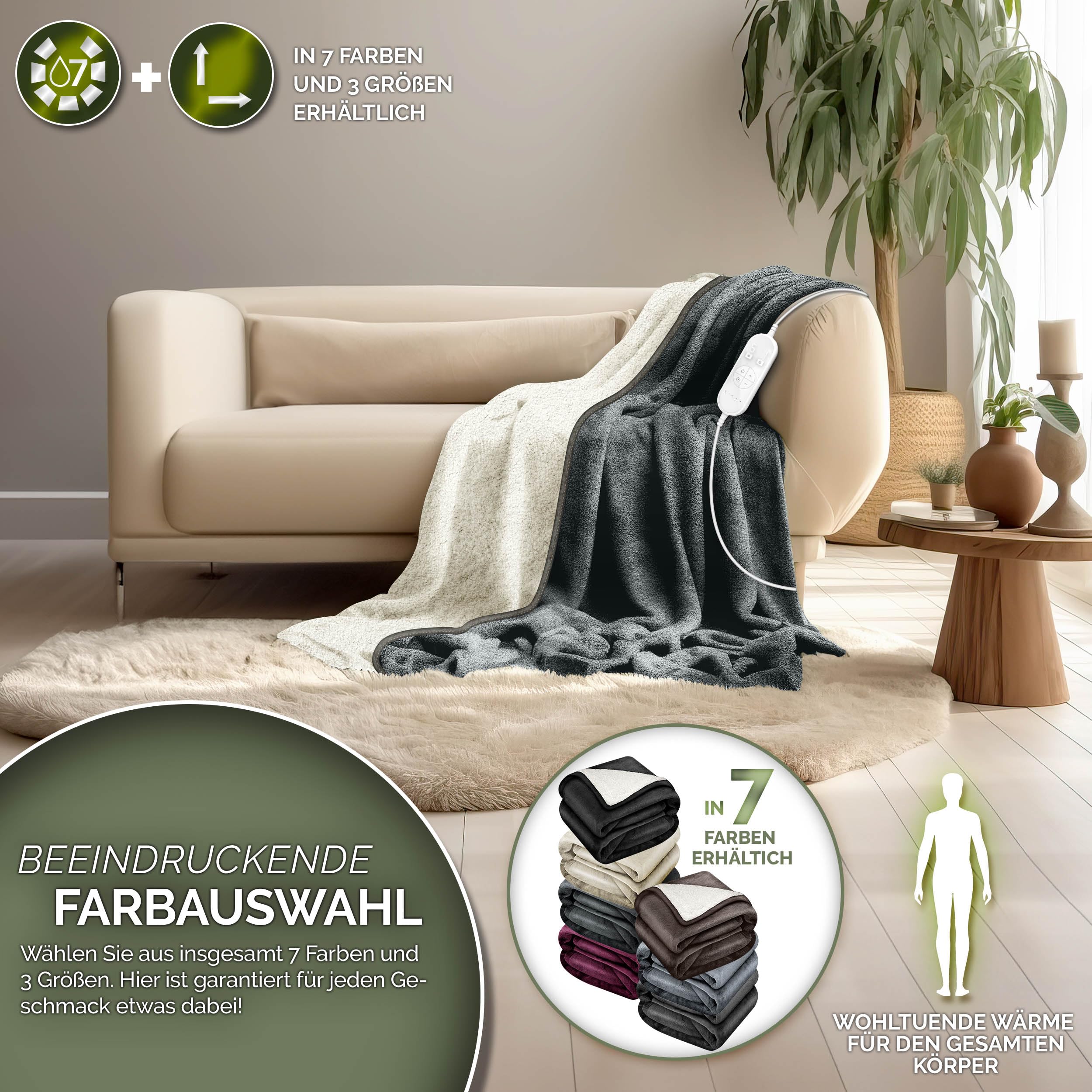 sinnlein® Heizdecke mit Abschaltautomatik 200 x 180 cm | Elektrische Wärmedecke mit 9 Temperaturstufen | Kuscheldecke Bett, Sofa | Decke elektrisch mit Timer Digitalanzeige