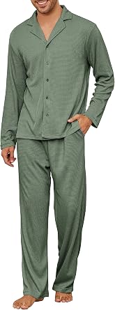 Mens Pajama Set Waffle Knit Lounge Pjs Set Long Sleeve Top and Pants Sleepwear 2 Piece Button Down Loungewear