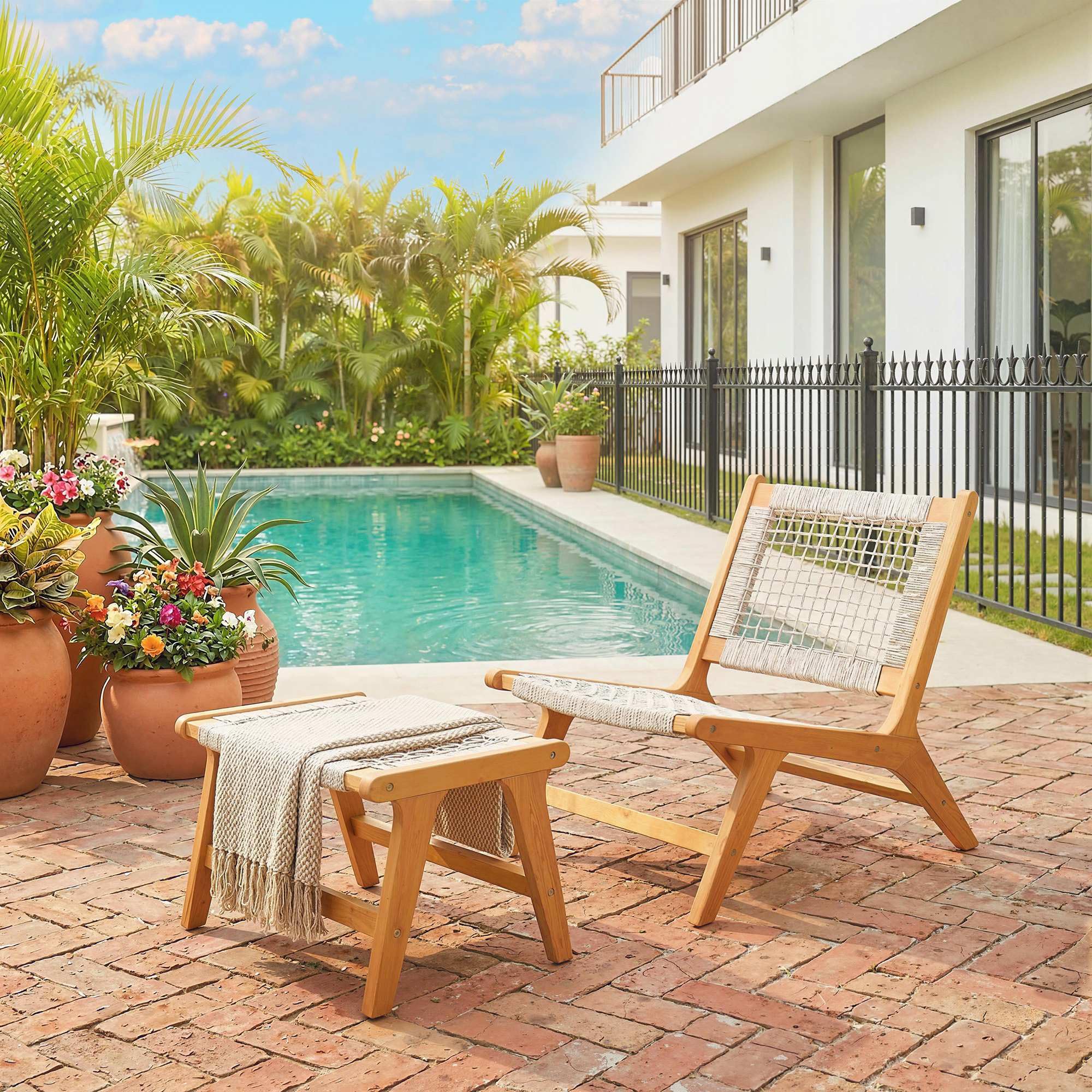 Outsunny Gartensessel mit Hocker 2-Teilig Verstellbare Füße 160 kg Beige | Akazienholz, Outdoor Loungesessel mit Rattan-Sitz, Boho-Stil, Polyrattan Lounge Set, Gartensessel für Garten Balkon