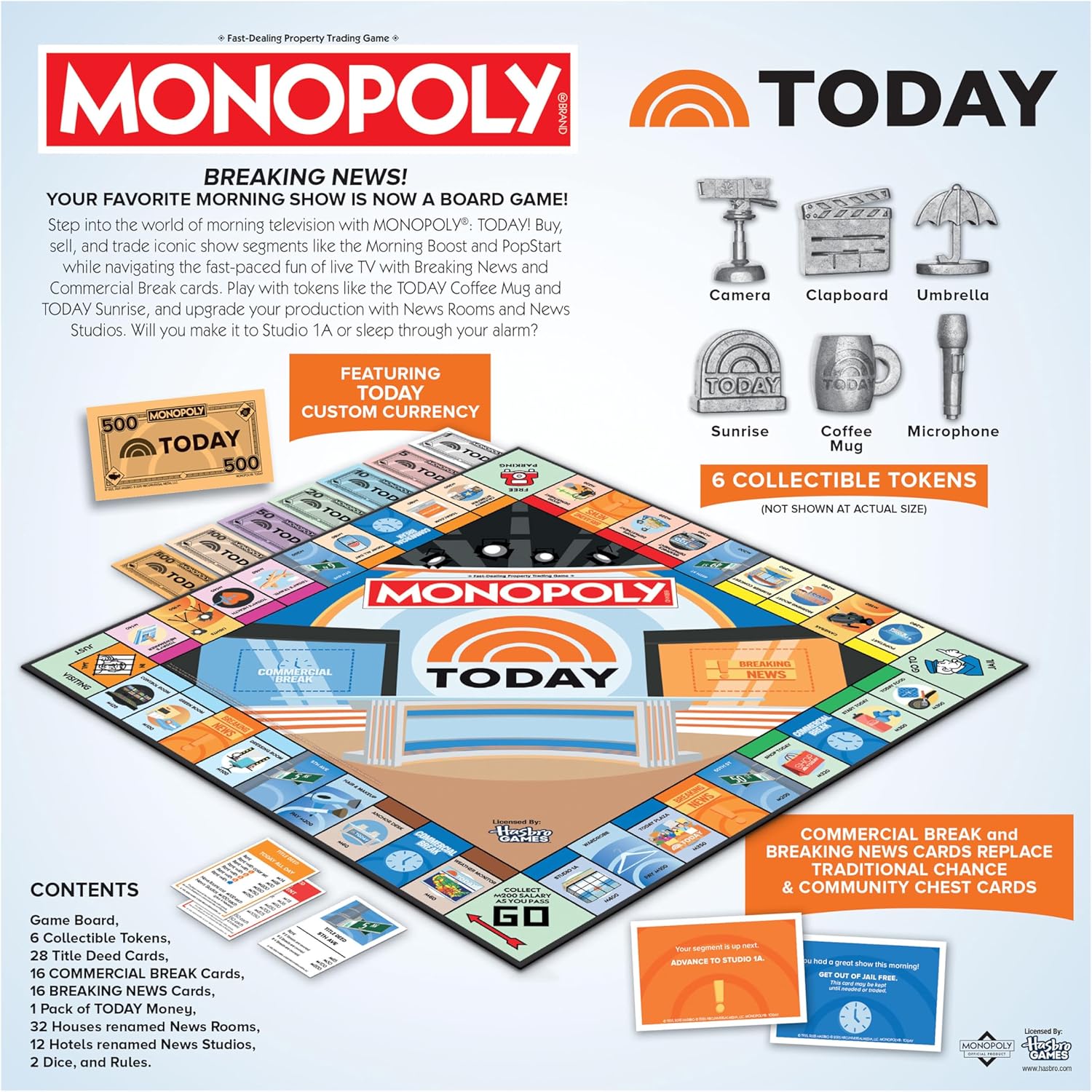 Monopoly: Today Board Game, Buy, Sell & Trade Studio1A, Today Plaza & More, Includes 6 Collectible Mover Tokens - Today Coffee Mug, Umbrella, Camera & More, Official NBC Universal Merchandise