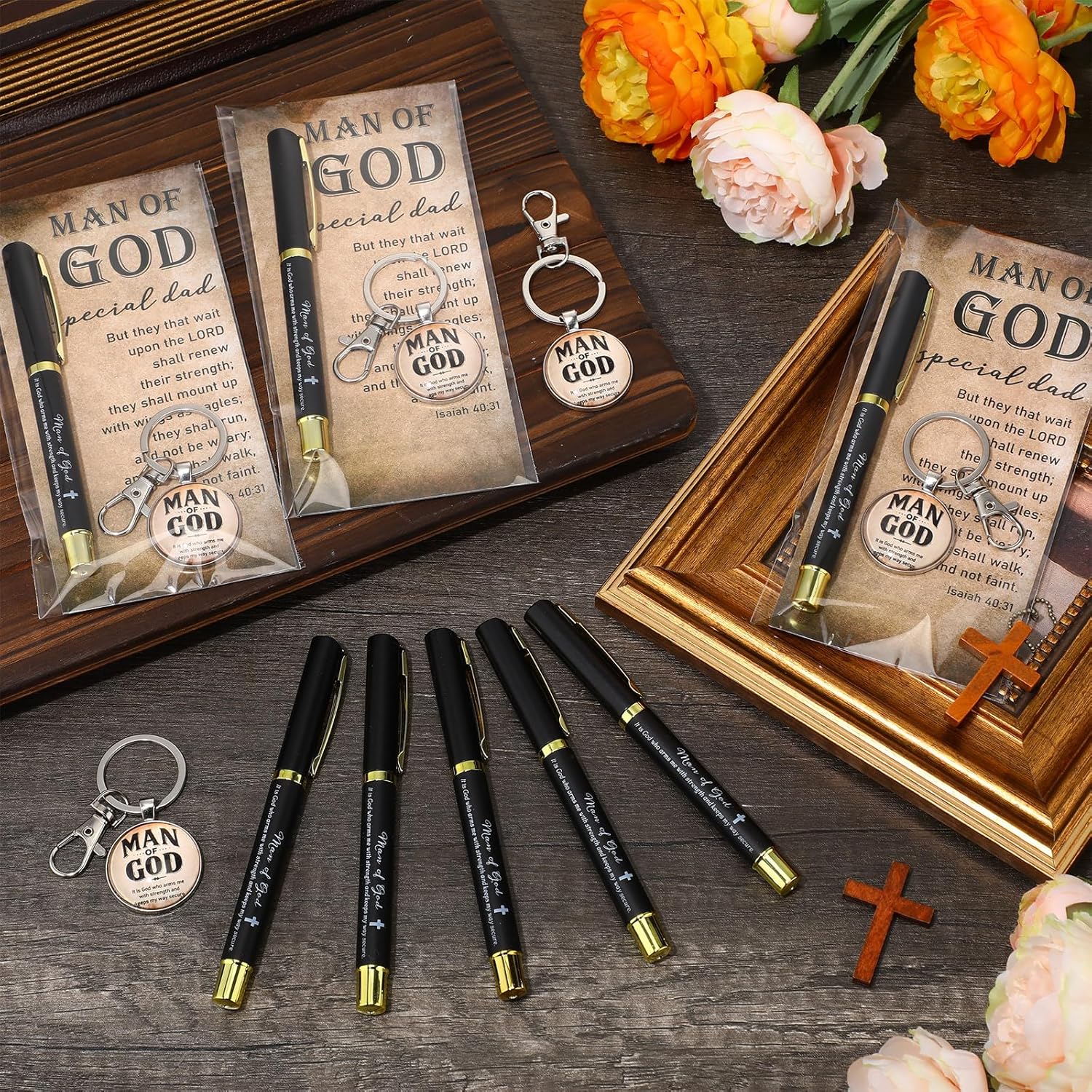Chiisong Man of God Gift for Men Bulk Christian Gifts Bible Verse Keychains Ballpoint Pens with Religious Cards Opp Bags Pastor Appreciation Favors for Church Men Dad Godfather(36 Sets)