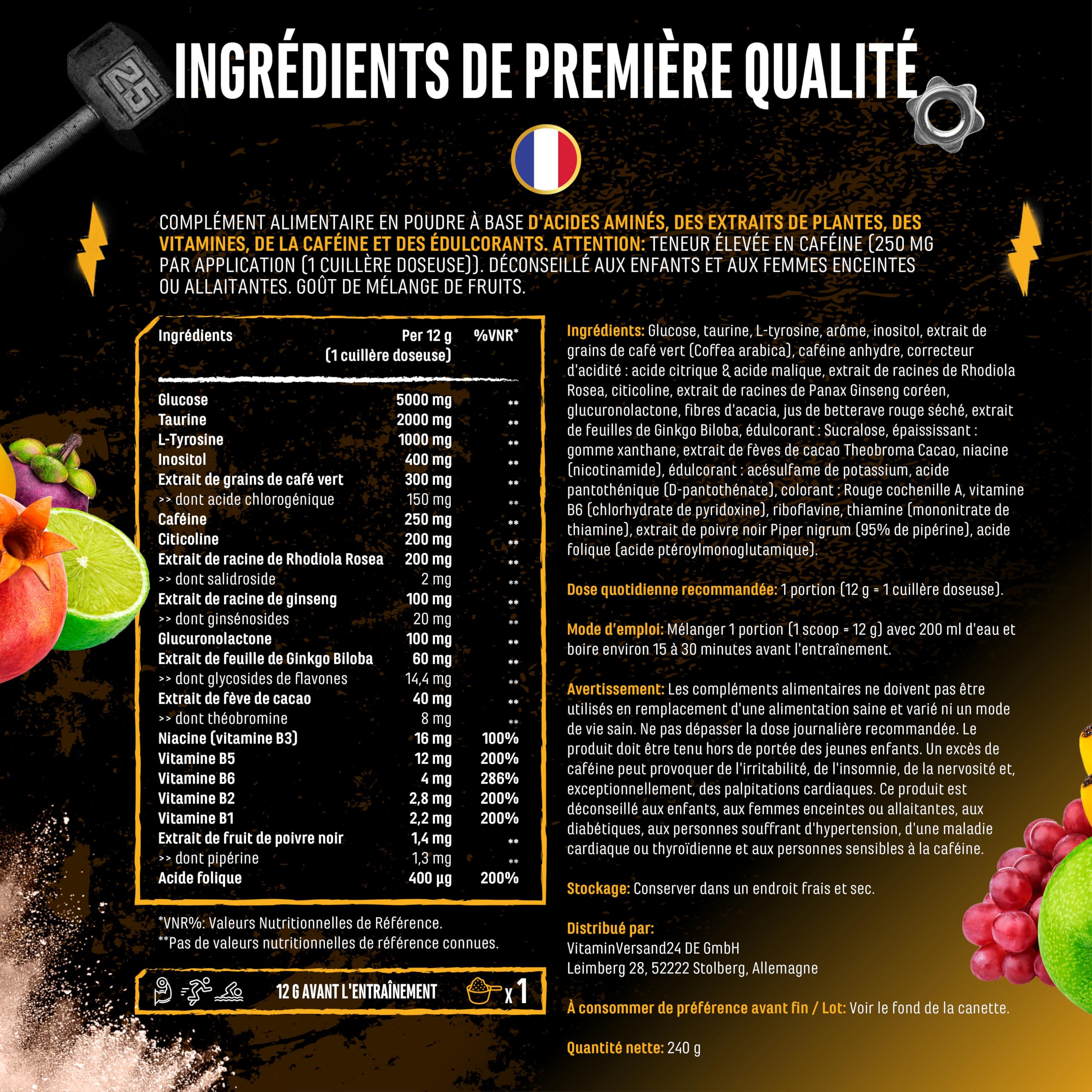 Focus to the Limit - Pre Workout hautement dosé avec L-Tyrosine + Taurine + Inositol + Extrait de Ginkgo + Citicoline + Rhodiola rosea + Caféine & Vitamines - (240 g, goût Mélange de fruits)