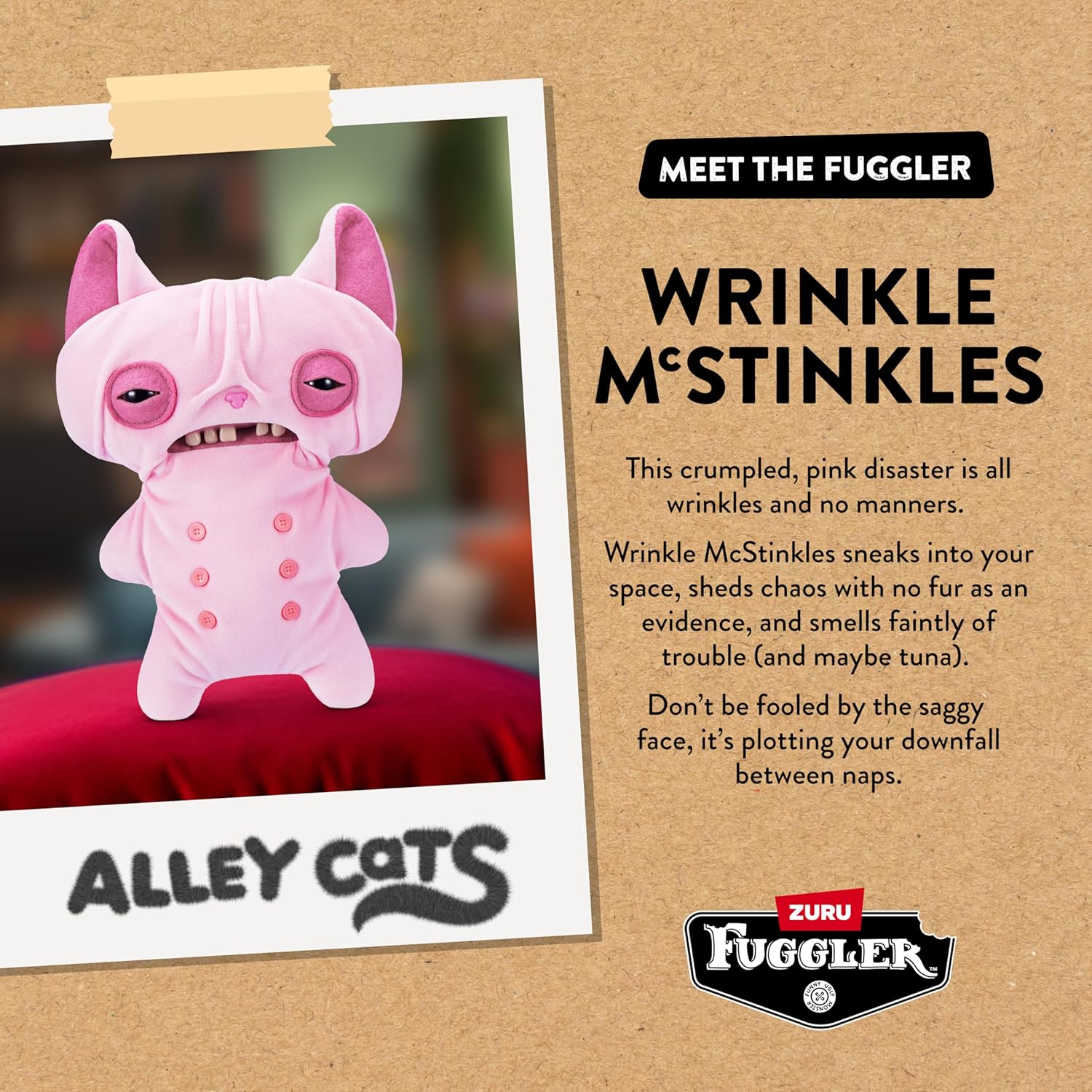 Fuggler Alley Cats 9-Inch Plush Toy (Wrinkle Mcstinkles) by ZURU – Funny Ugly Monster Stuffed Animal with Human-Like Teeth, Collectible Plush for Kids, Tweens, Teens, Adults & Cat-Loving Weirdos