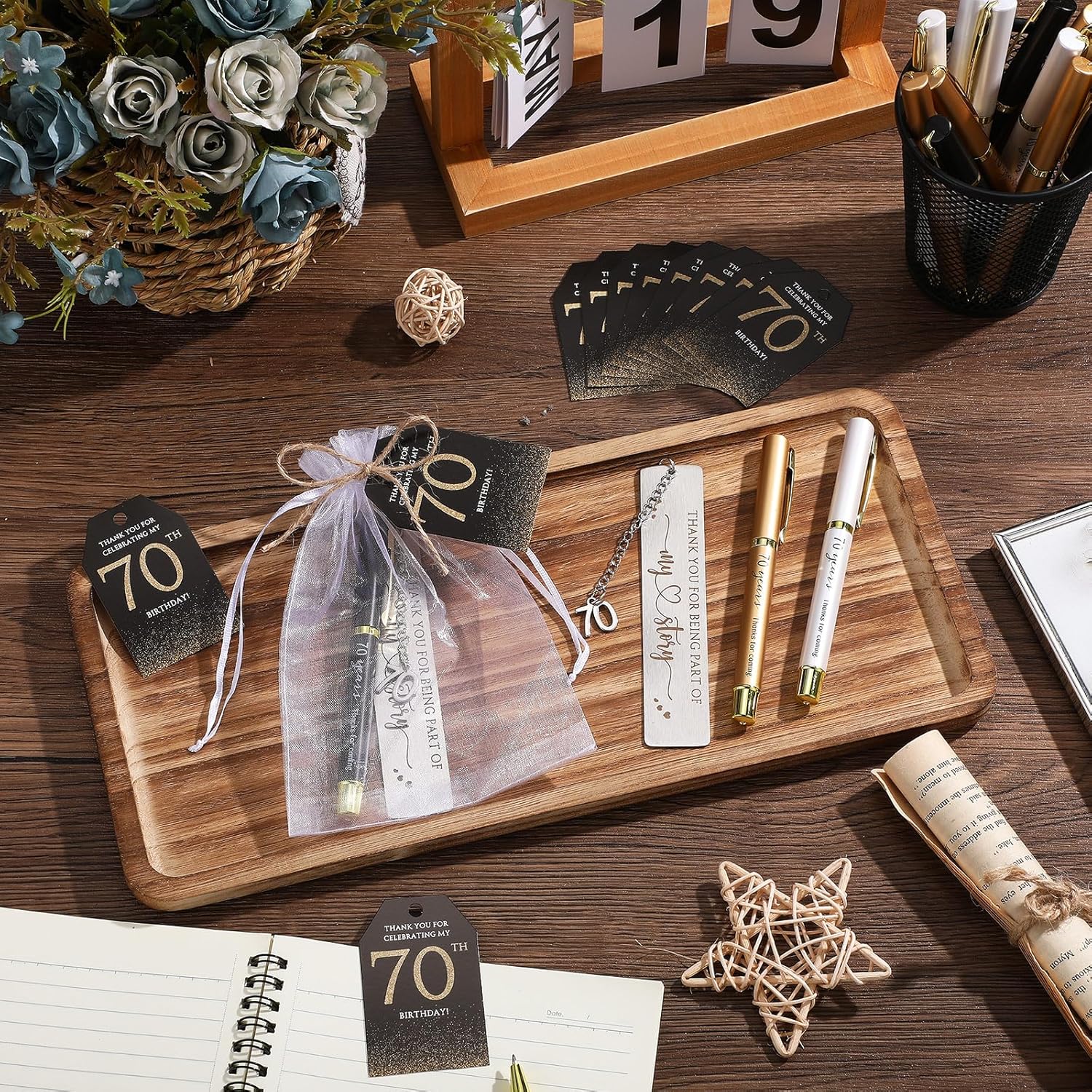 25 Sets Birthday Favors for Guests 25 Thanks for Coming Ballpoint Pens 25 Bookmarks 25 Cards with Organza Bag for Adult Birthday Anniversary Party Souvenir(Metal-70th) - Image 5