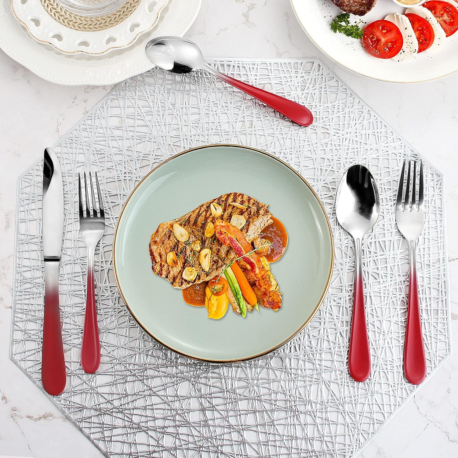 Red Silverware Set for 4,20 Piece Stainless Steel Flatware Set,Mirror Polished Dinnerware Cutlery Set of 4,Reusable Utensil Set for Kitchen,Flatware Sets,Gradient Red Silverware,Dishwasher Safe