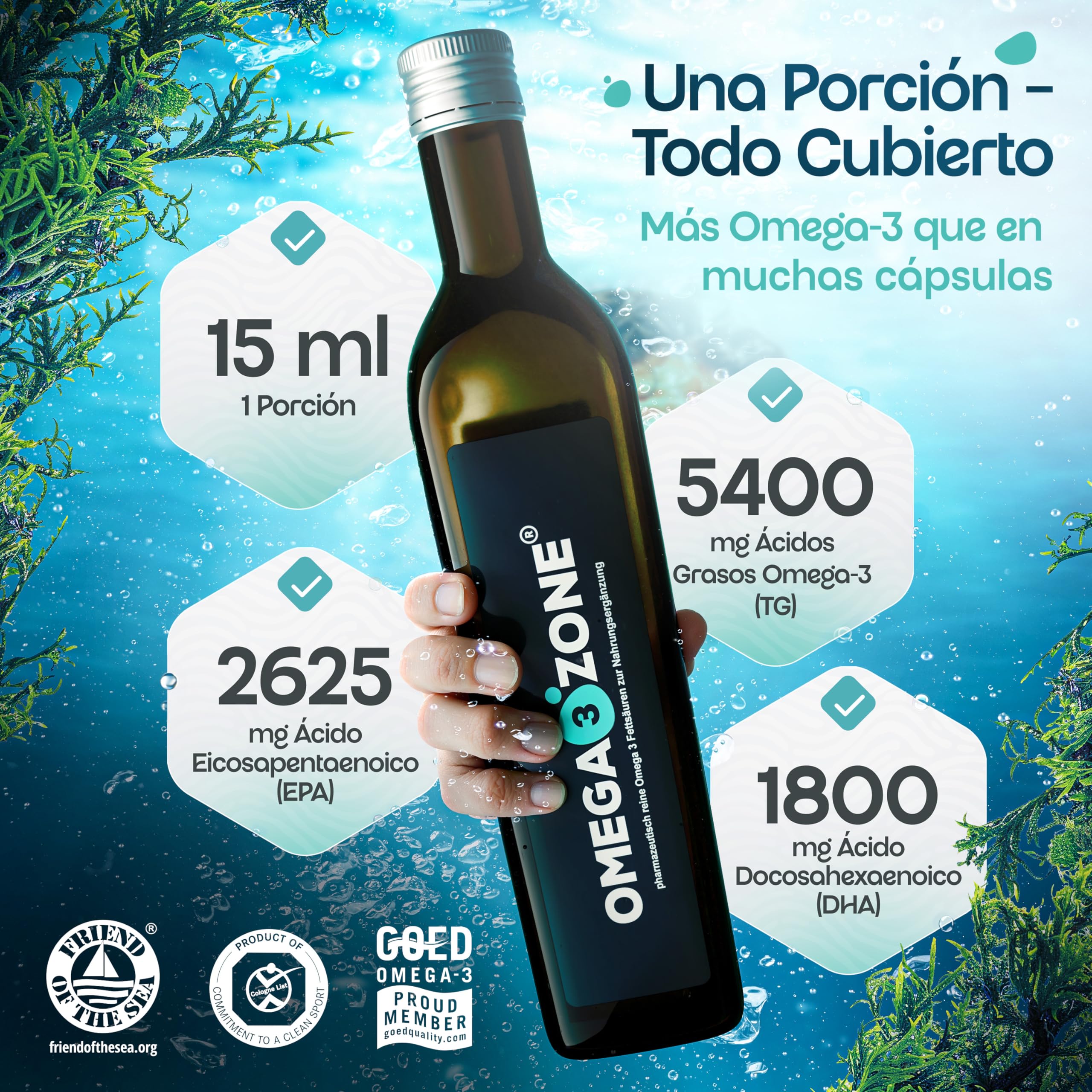 omega3zone Aceite de Pescado Premium Omega-3 líquido – Alta dosis: 5400 mg por porción en forma de triglicéridos – Certificado por laboratorio, fabricado en Alemania – 500 ml (500ml, Limón-Jengibre)