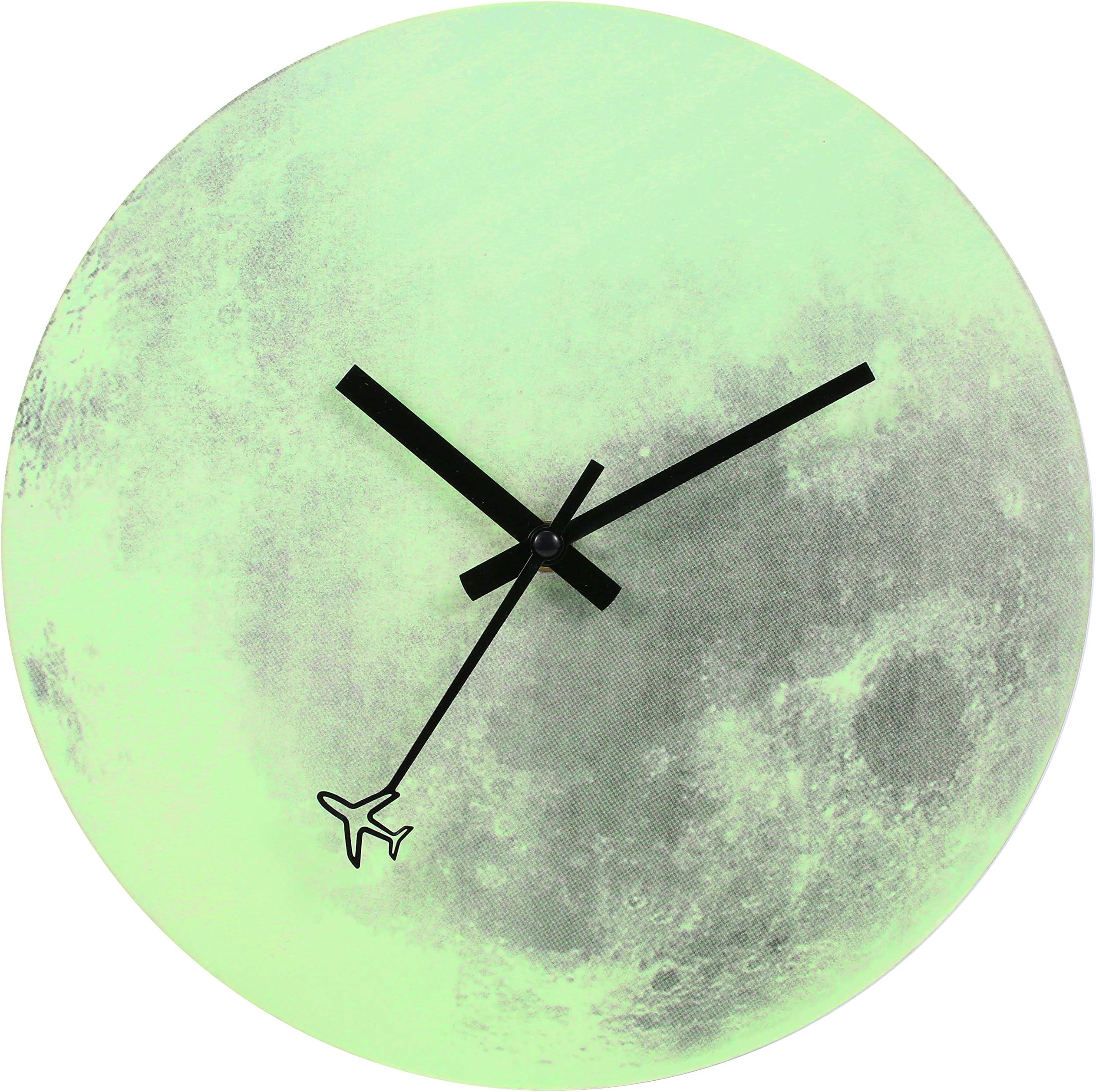 JoFomp Night Light Wooden Wall Clock, 12 Inch Luminous Silent Non-Ticking Battery Operated Wall Clocks, Airplane Around The Moon Glow in The Dark Decorative Wall Clock for Home Kitchen Office (Moon)