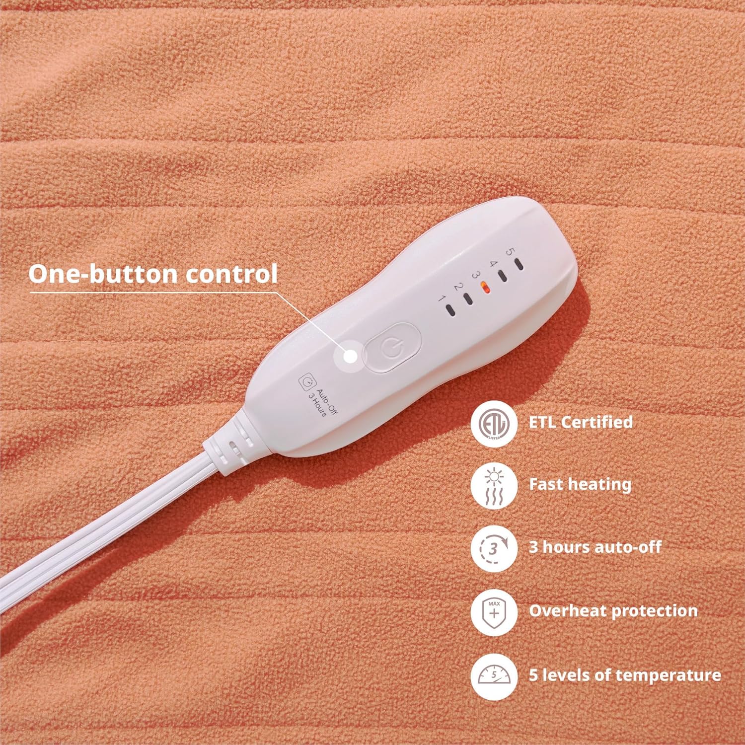 Heated Blanket-Electric Blanket 50"x60" Soft Heated Throw Blanket with 5 Heating Levels & 3 Hours auto-Off,Machine Washable(Orange) - Image 3