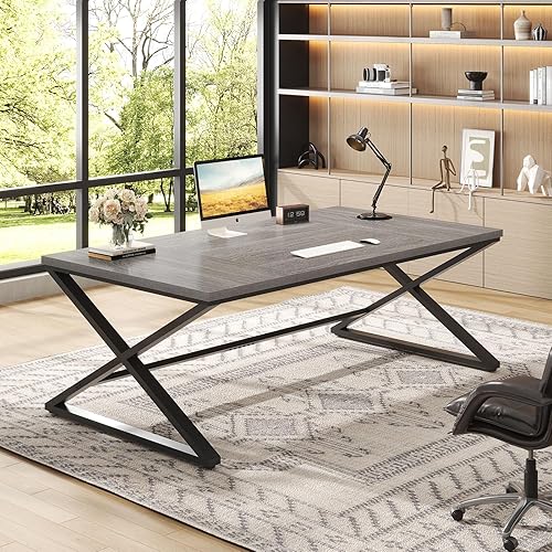Miniatura 27 de IBF Escritorio grande para computadora negro, escritorio de escritura de 70.8 pulgadas de largo para oficina en casa, escritorio de estudio Roble