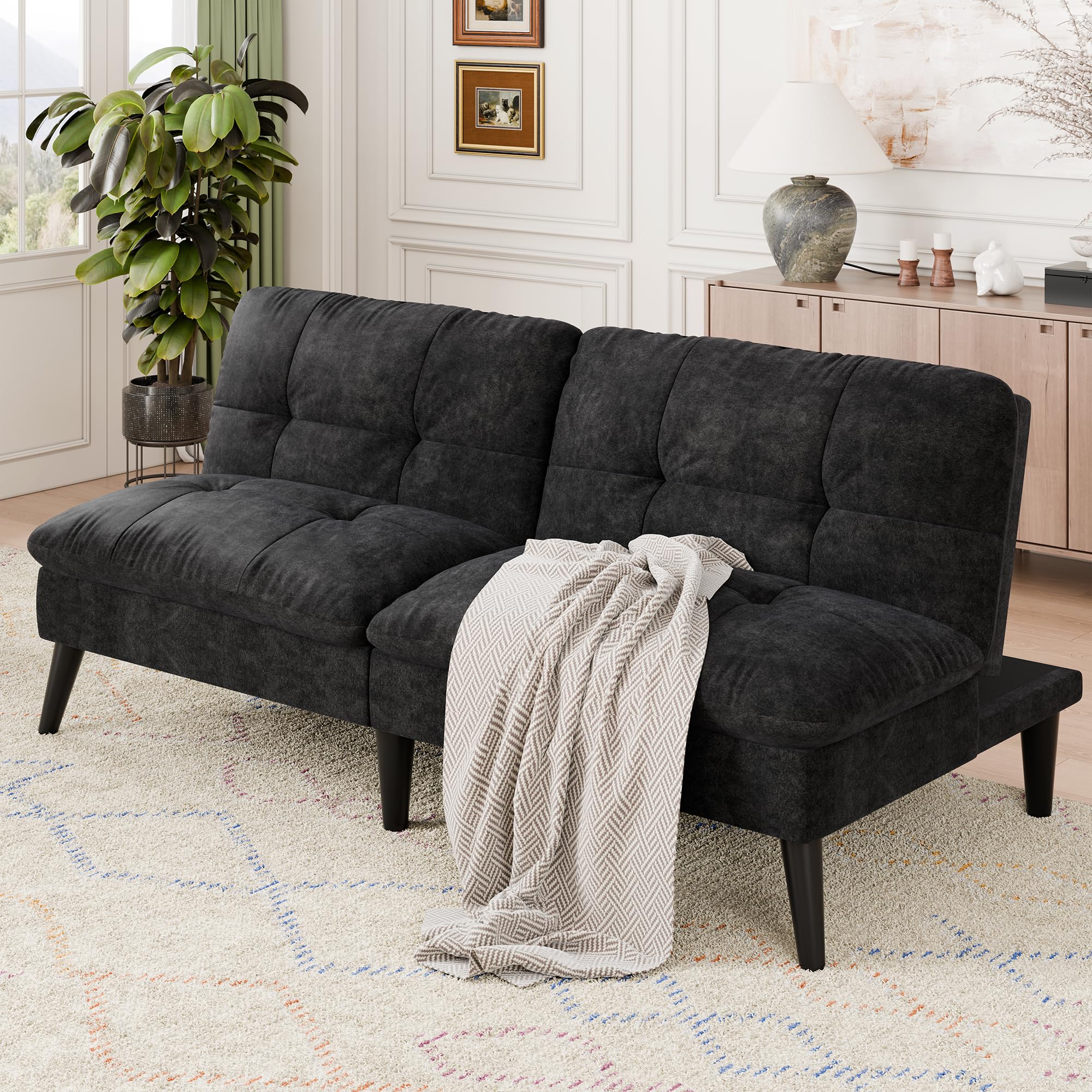 Vongrasig Futon Sofa Bed Velvet Futon Couch with Adjustable Backrest, Small Convertible Folding Sleeper Sofa Bed, Modern Loveseat for Living Room, Bedroom and Small Space, (Black)