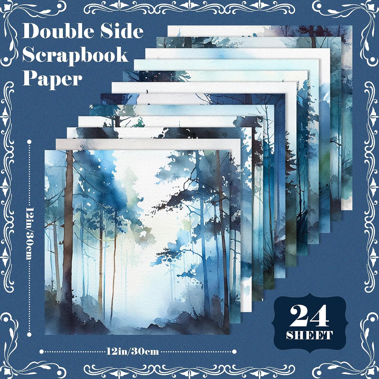 24 Sheets Watercolor Blue Forest Scrapbook Paper, Foggy Wood Pine Trees Misty Landscape Decorative Craft Paper Folded Flat for Birthday Card Making Photo Album Decor, 11.8'' x 11.8''