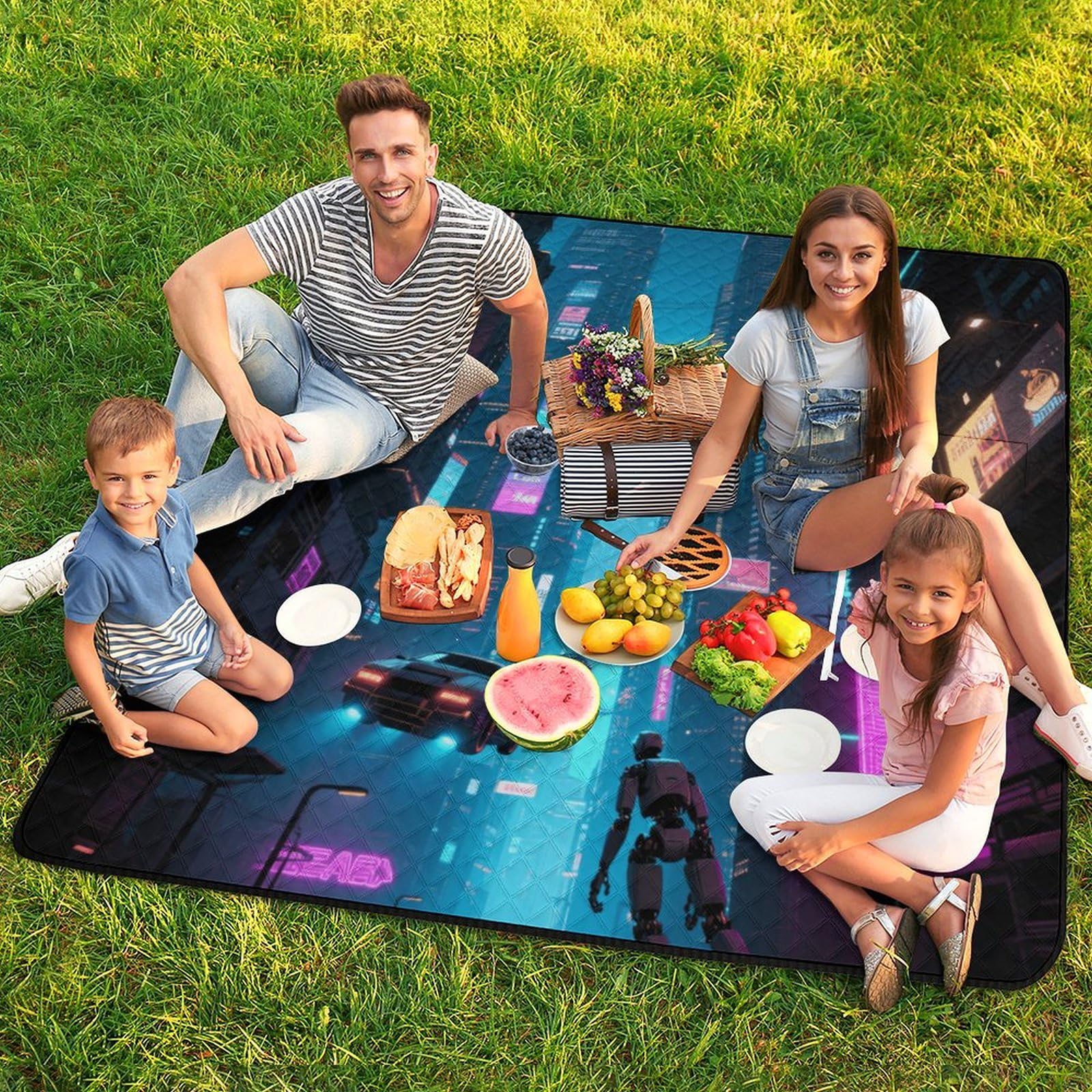 Tappetino da spiaggia con stampa di città futura, portatile, extra large, adatto per viaggi, escursioni, festival musicali, prati, spiagge, picnic all'aperto