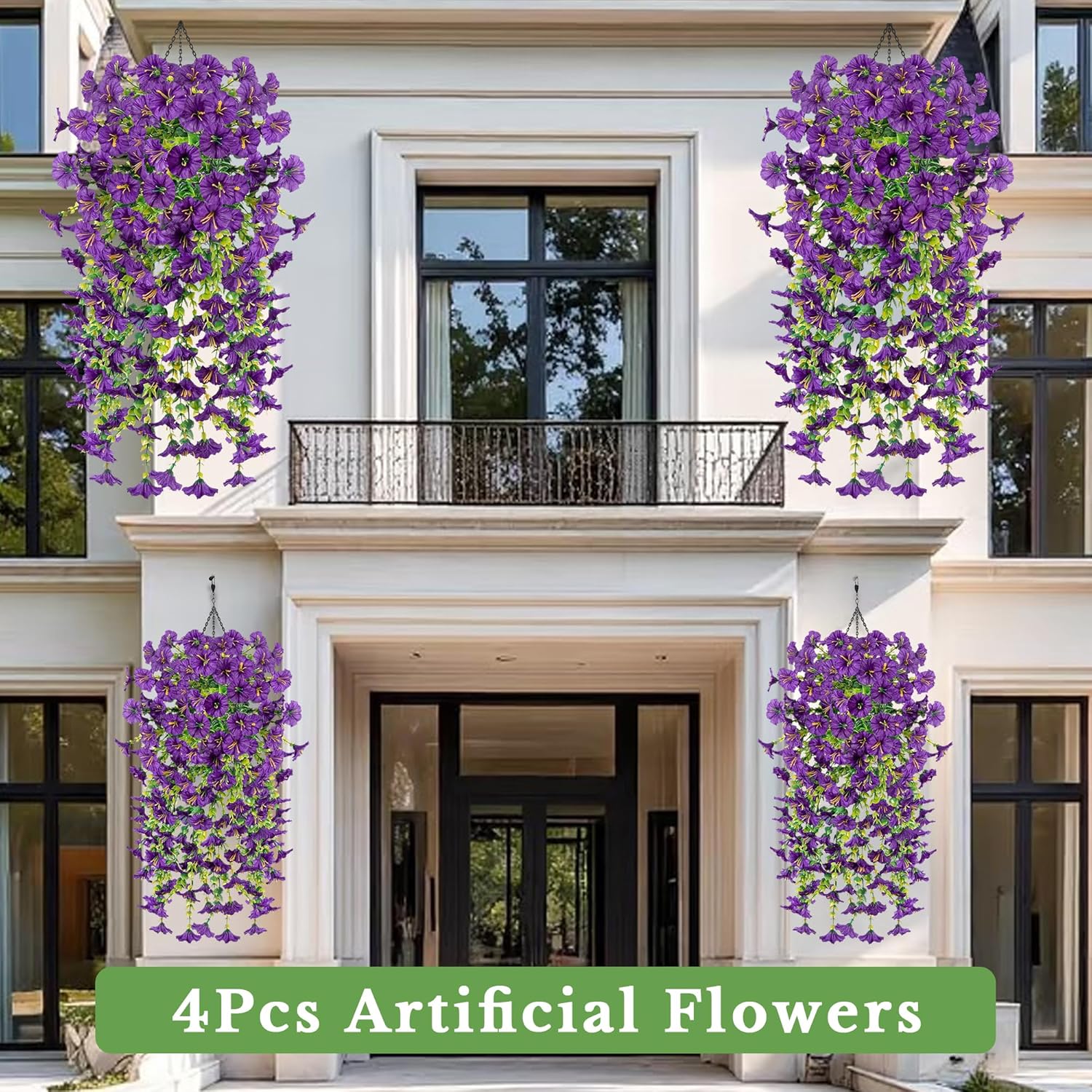 4 Pcs Fake Petunias Hanging Plants Artificial Flowers for Outdoors, Large Bushy Silk Petunia Faux Flowers Look Real Trailing Vines UV Resistant Faux Plants for Outdoor Planters (4 Purple)