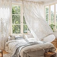 Vista 6 de FMFUNCTEX - Cortinas semitransparentes con estampado de ramas de árbol, gris y amarillo sobre lino blanco, cortinas texturizadas con ojales, 84
