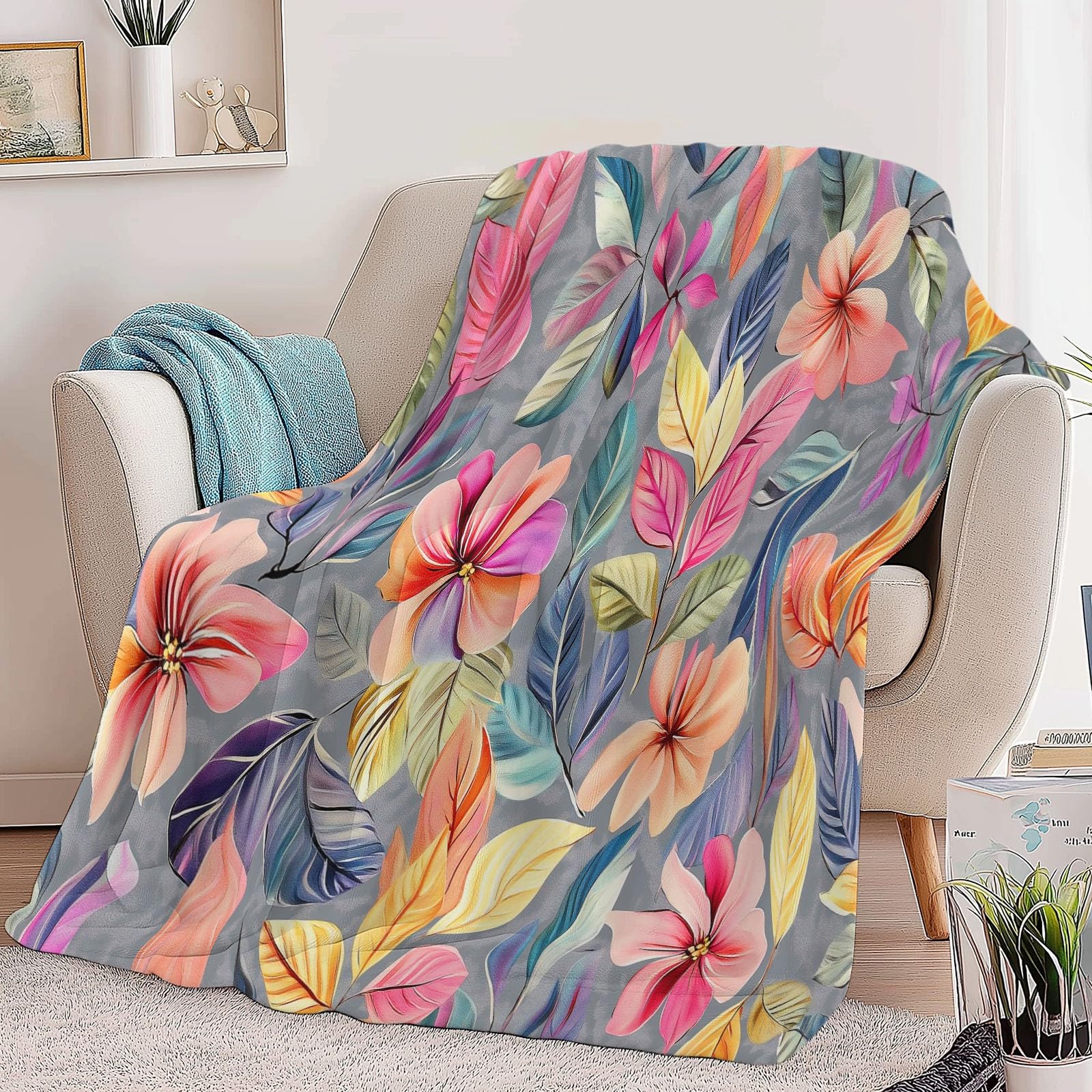 220 x 240 cm Manta de vellón Color, Flores De Acuarela Plumas Mantas de Franela de Microfibra Suaves, cálidas, esponjosas y Ligeras con Estampado 3D, para Cama sofá Colcha para niños