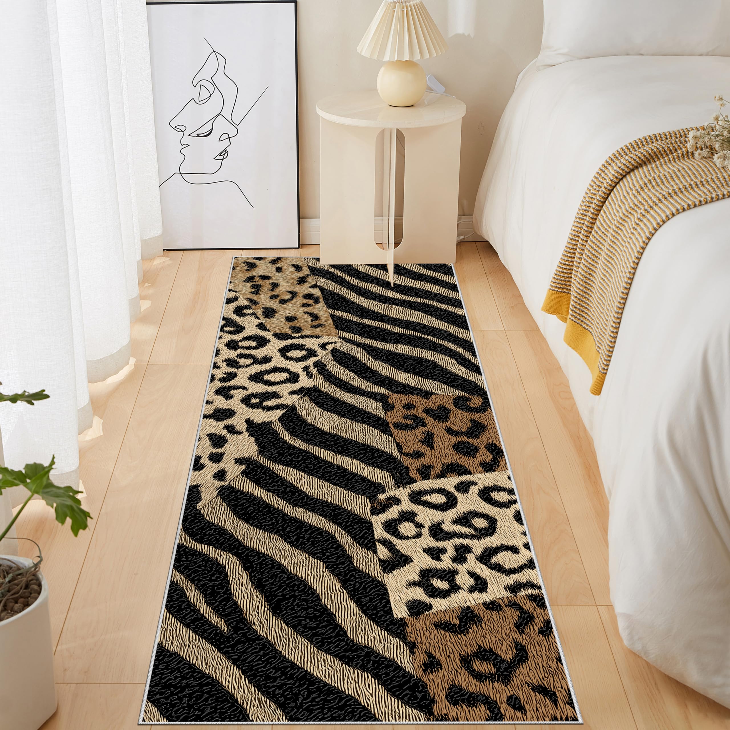 Retro Tier Patchwork Teppich Läufer 60x180 cm, Leopardenmuster rutschfest Teppichläufer, Vintage Zebramuster Kurzflor Küchenläufer, Waschbar, Faltbar, Carpet für Eingang, Küche, Wohnzimmer