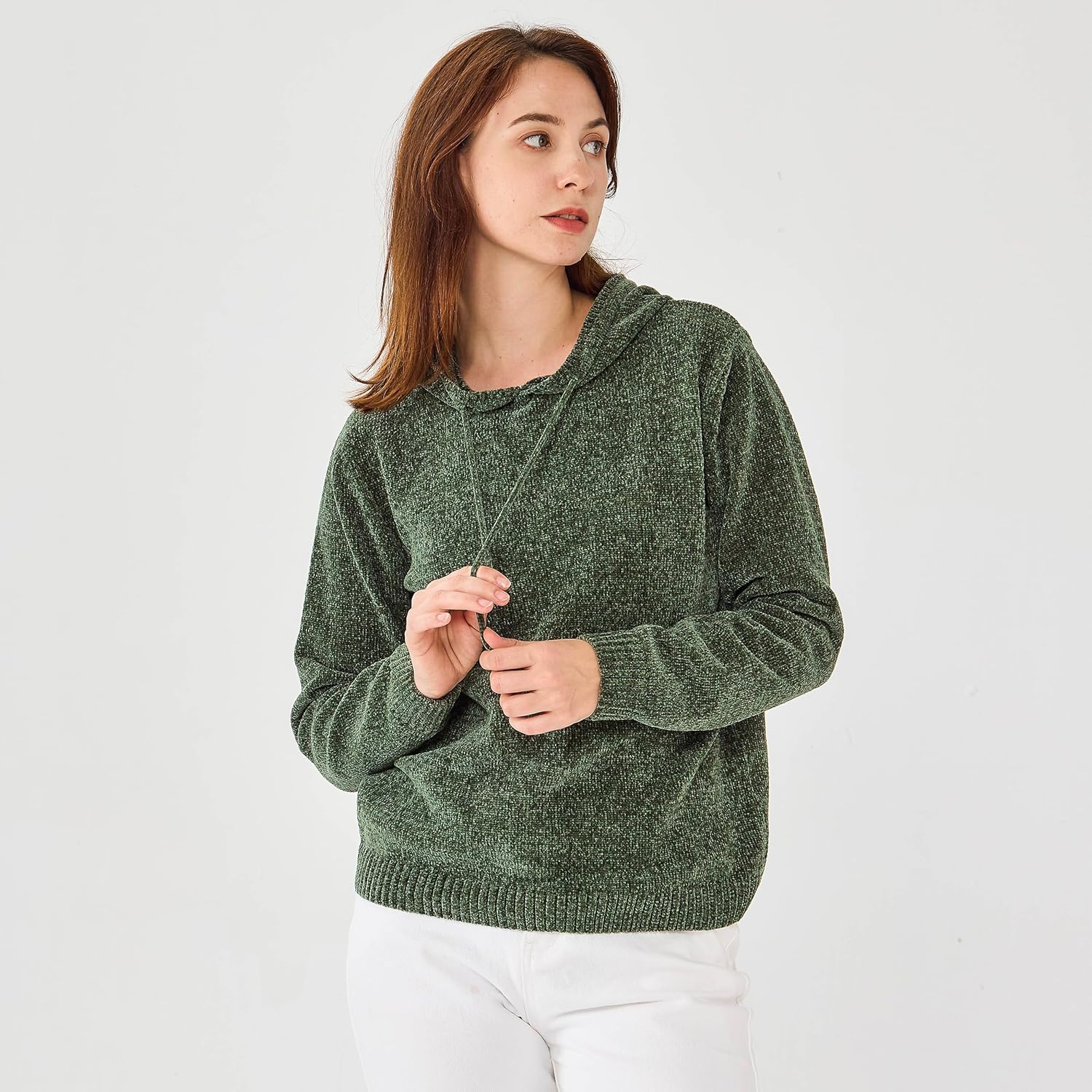 Simple&Opulence Women's Chenille Sweater Drawstring Hooded Long Sleeve Pullover Ribbed Cuff Hem Jumper Tops - Image 5