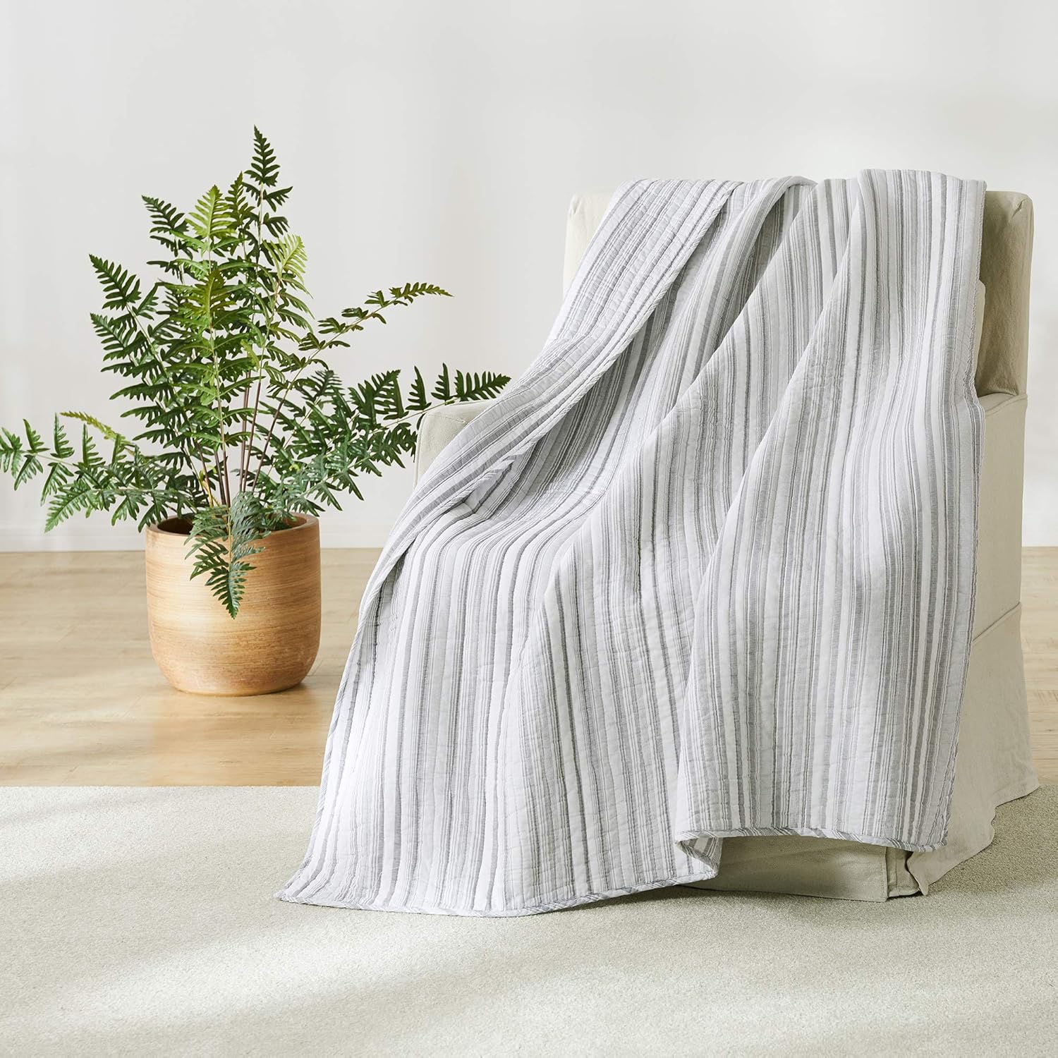 Levtex Home - Bondi - Quilted Throw - 50x60in. - Stripes - Grey and White Pattern - Cotton Fabric