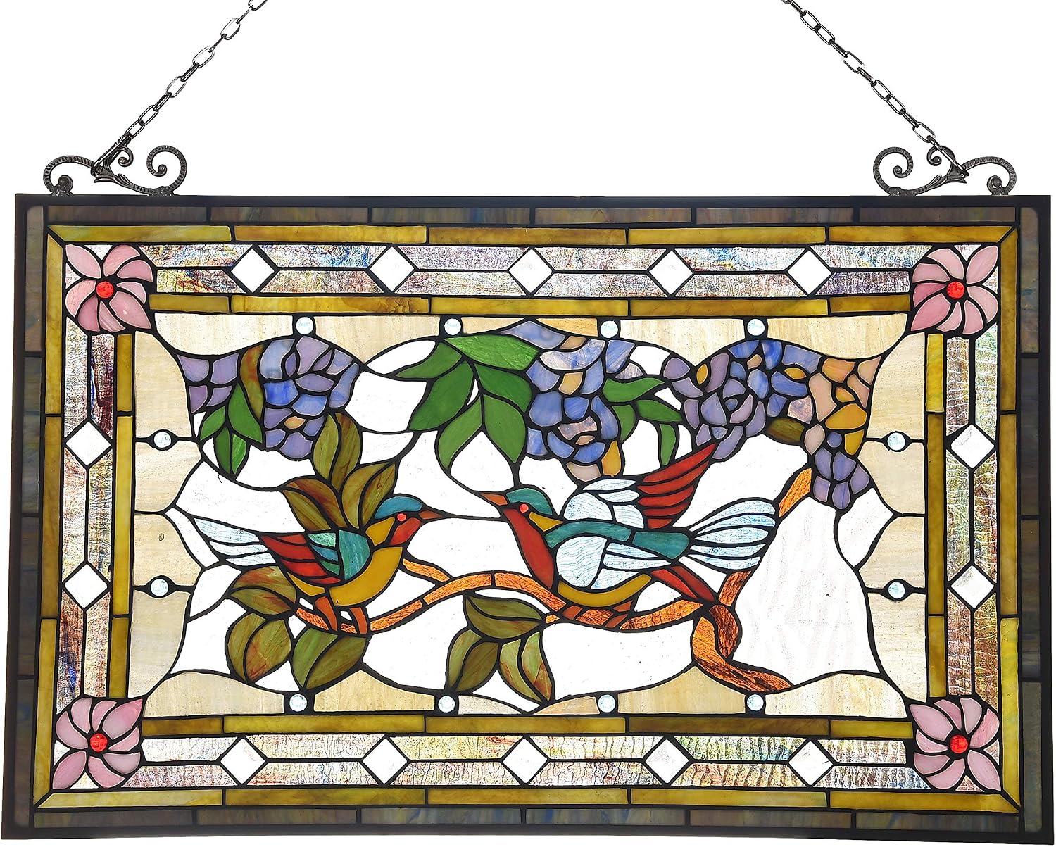 Chloe Lighting Greeting Birds Tiffany-Style Animal Design 32" x 21" Stained Glass Window Panel, Multi-Colored