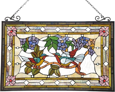 Chloe Lighting Greeting Birds Tiffany-Style Animal Design 32" x 21" Stained Glass Window Panel, Multi-Colored