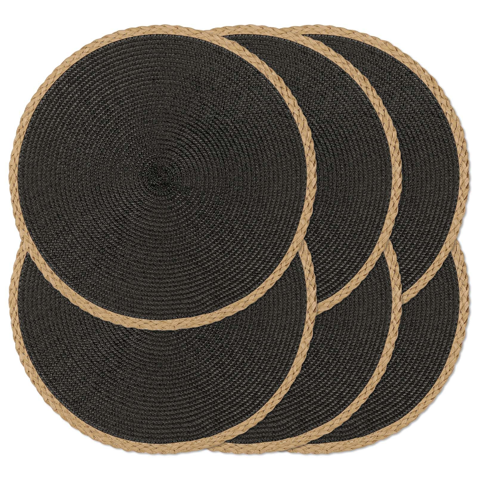 Noctiflorous 15 Inch Round Braided Placemats Set of 6 Washable Wipeable Easy Clean Heat Resistant Woven Dining Table Mats Decor for Holiday Parties Indoor Outdoor Daily Use(Black Thin Edge, 6)