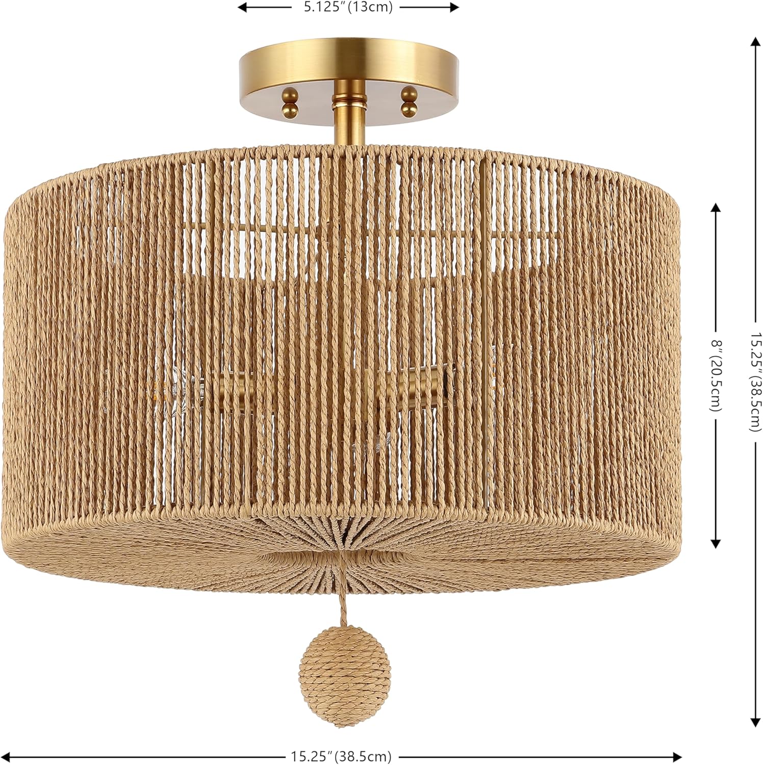 Solmaz Natural Paper Rope and Gold Drum LED Flush Mount Light