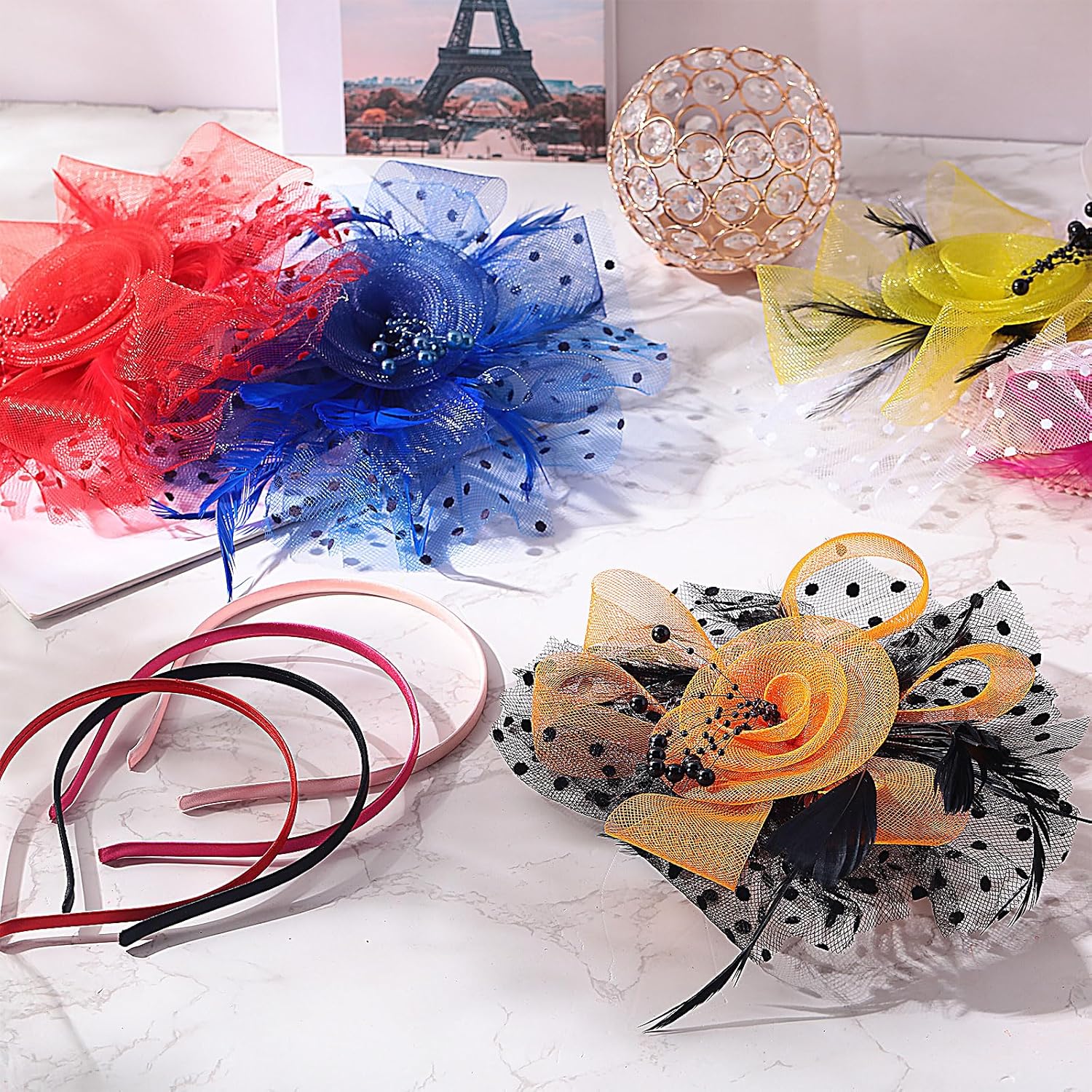 24 Pack Fascinators Hats for Women Tea Party Bulk Vintage Feather Mesh Derby Hats with Headbands and Clips for 1920s Church Wedding Cocktail Headpieces