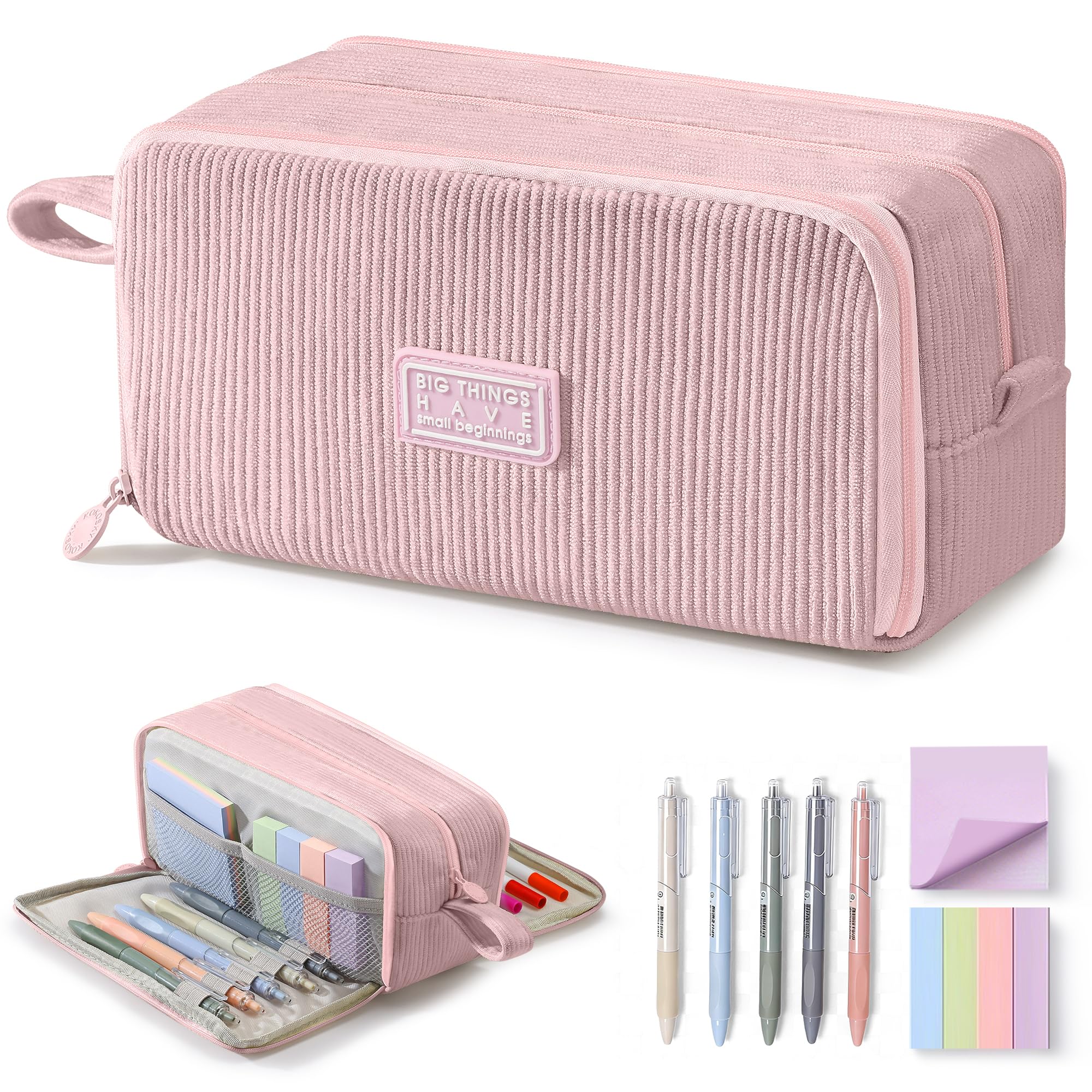 COZCLAM Federmäppchen aus Cord, 3 Fächer, große Kapazität, Rosa | Mäppchen mit Stiften und Haftnotizen, Geräumiges Schulmäppchen mit Reißverschluss für Mädchen, Teenager, Schule, Büro &Alltag