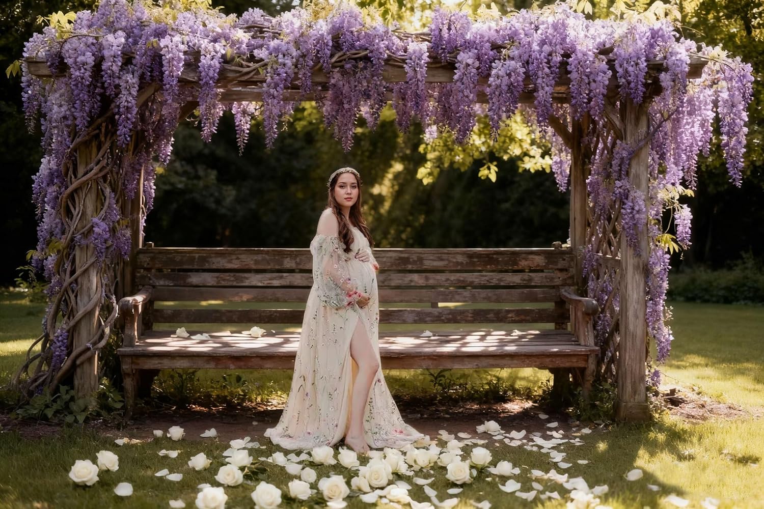 Flower Embroidery Maternity Dresses for Photoshoot Plus Size Off Shoulder Baby Shower Dress Split Side Pregnancy Gown