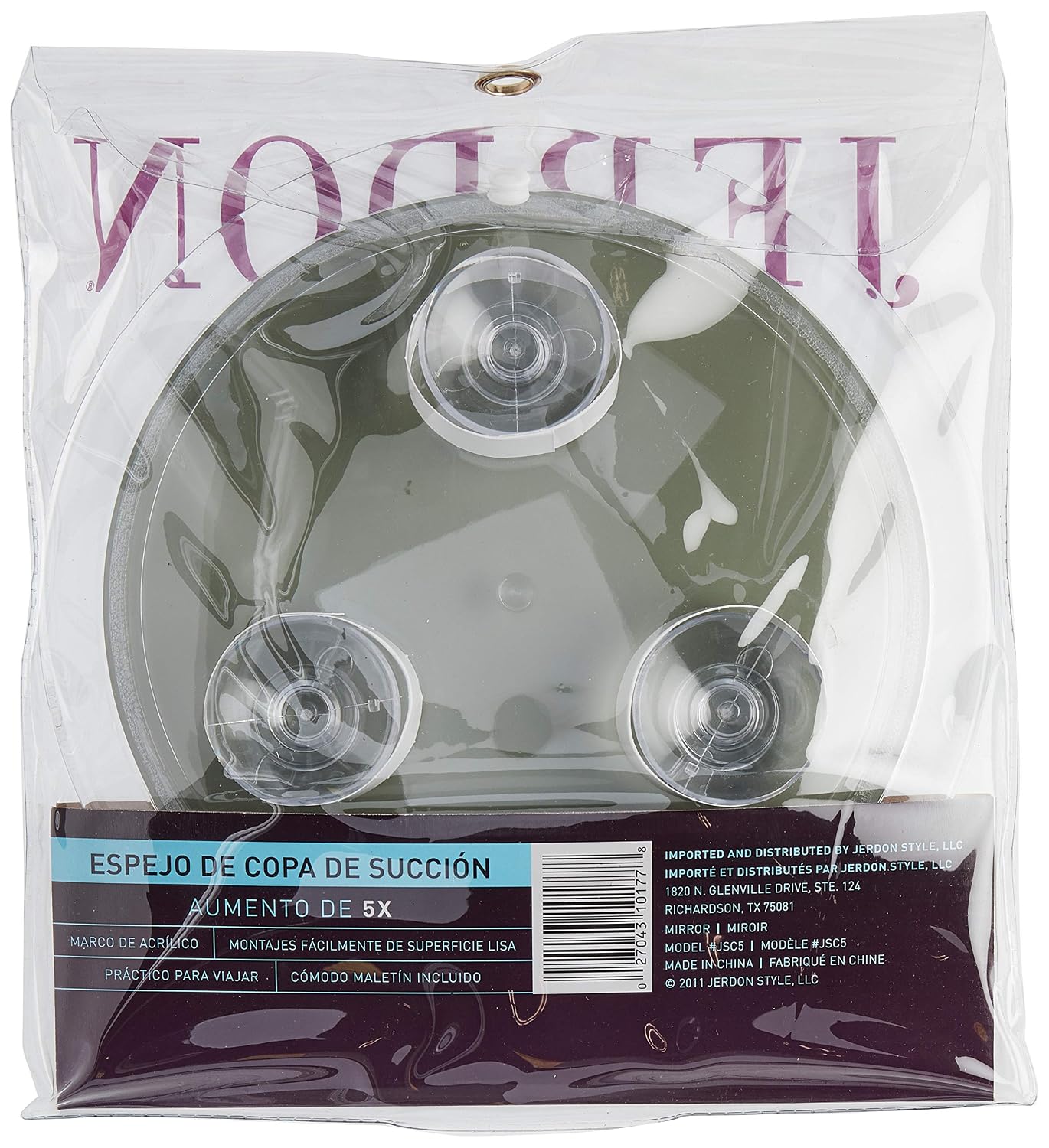 JERDON Clear Portable Makeup Mirror - 9-Inch Diameter Makeup Mirror with Suction Cups and Vinyl Travel Case - 5X Magnification - JSC5