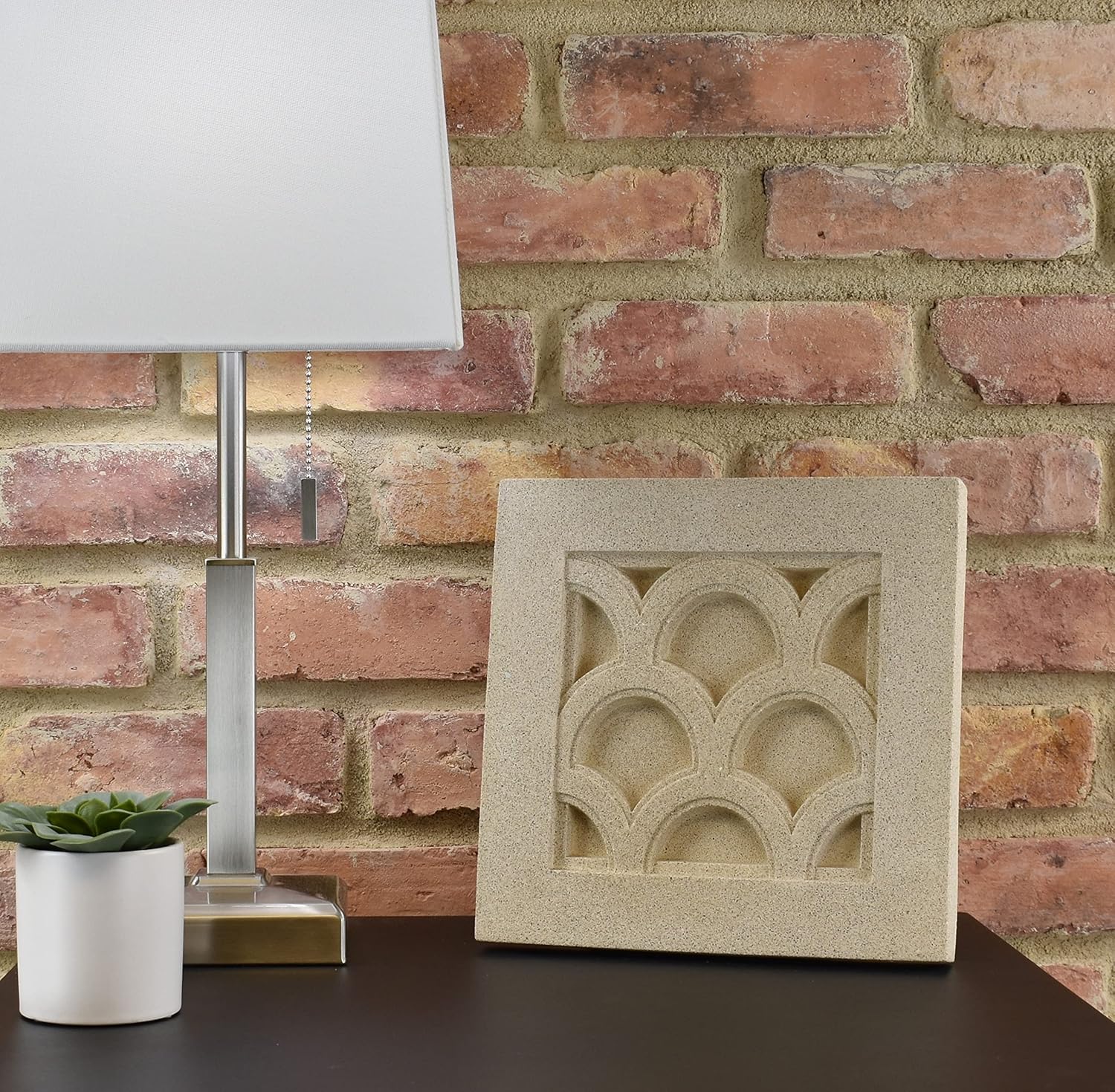 Sculpted Architectural Bas Relief 3D Tile Plaque Ornament, Solid Cast Stone, Barrel Diaper Design, 9.5"x9.5" for Wall Hanging or Tabletop Display (Grey with Keyhole)