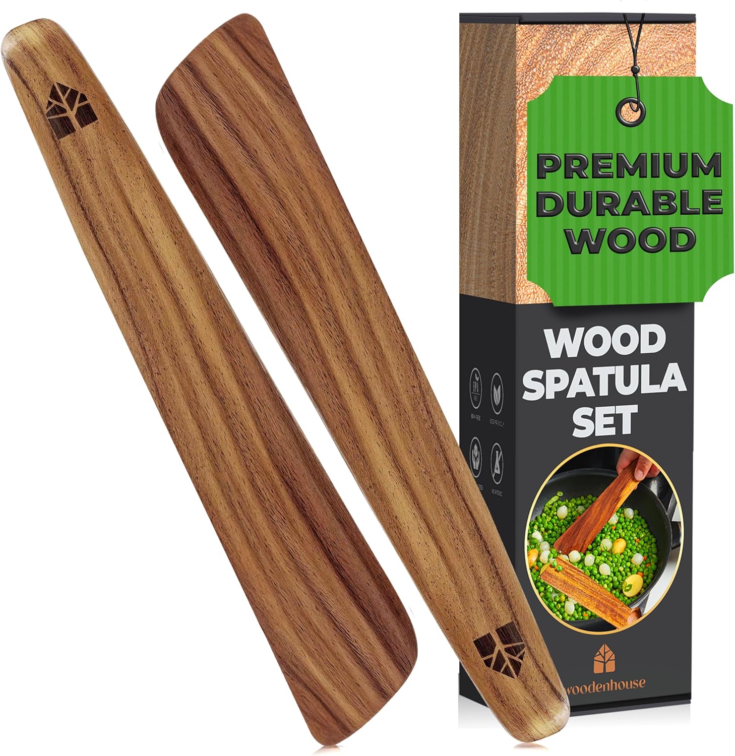 12 inch Teak Wood Spatula for Cast Iron, Small Wood Flipper, Egg Scraper, Flat Wooden Turner, Multipurpose Wood Cooking Utensil, Spatulas Perfect for Flipping, Serving, Scraping & Turning. Set of 2