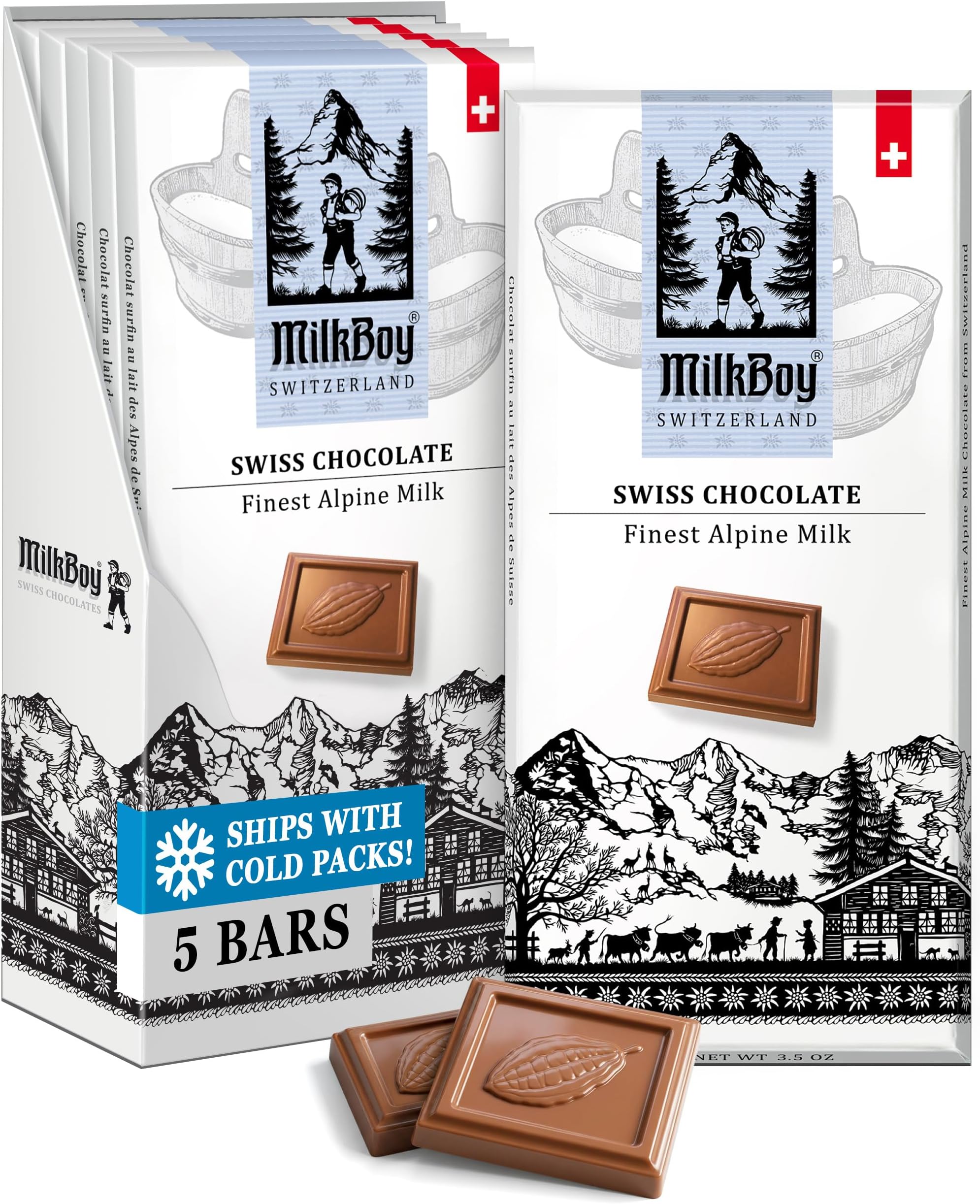 Chocolate Bars - Premium Swiss Alpine Milk Chocolate - Smooth European Milk Chocolates Gift - Sustainably Farmed Cocoa - Gluten Free - 3 oz, Pack 5