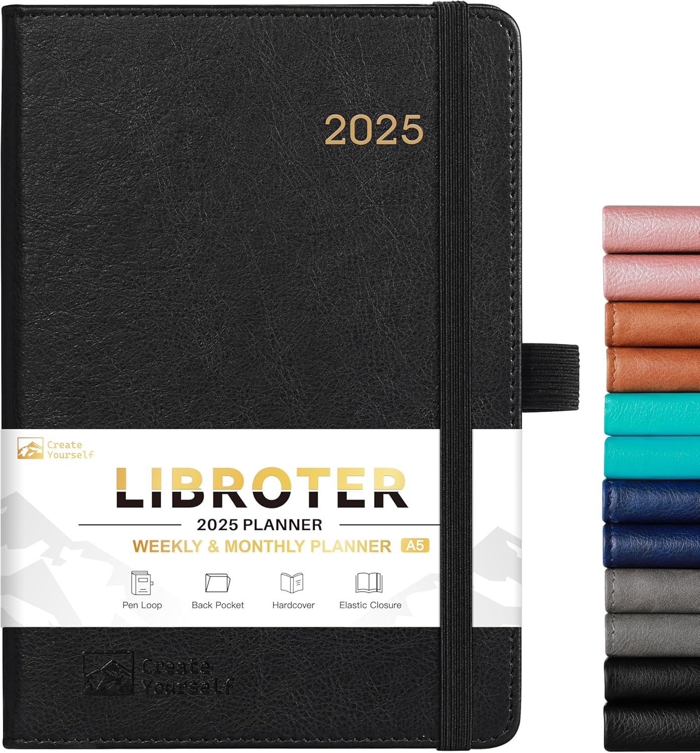 2025 Planner – Planner 2025, 2025 Planner Weekly and Monthly, Jan. 2025 – Dec. 2025, 5.7” x 8.4”, Thick Paper, Leather Cover, Pen Holder, Back Pocket, Perfect Daily Organizer – Black