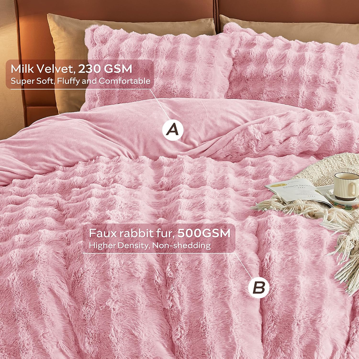 JELLYMONI Faux Rabbit Fur Blanket and Duvet Cover Set – Soft Cozy Plush Bubble Throw Blanket for Couch and Thick Shaggy Bedding Set with Zipper Closure, Comforter Not Included