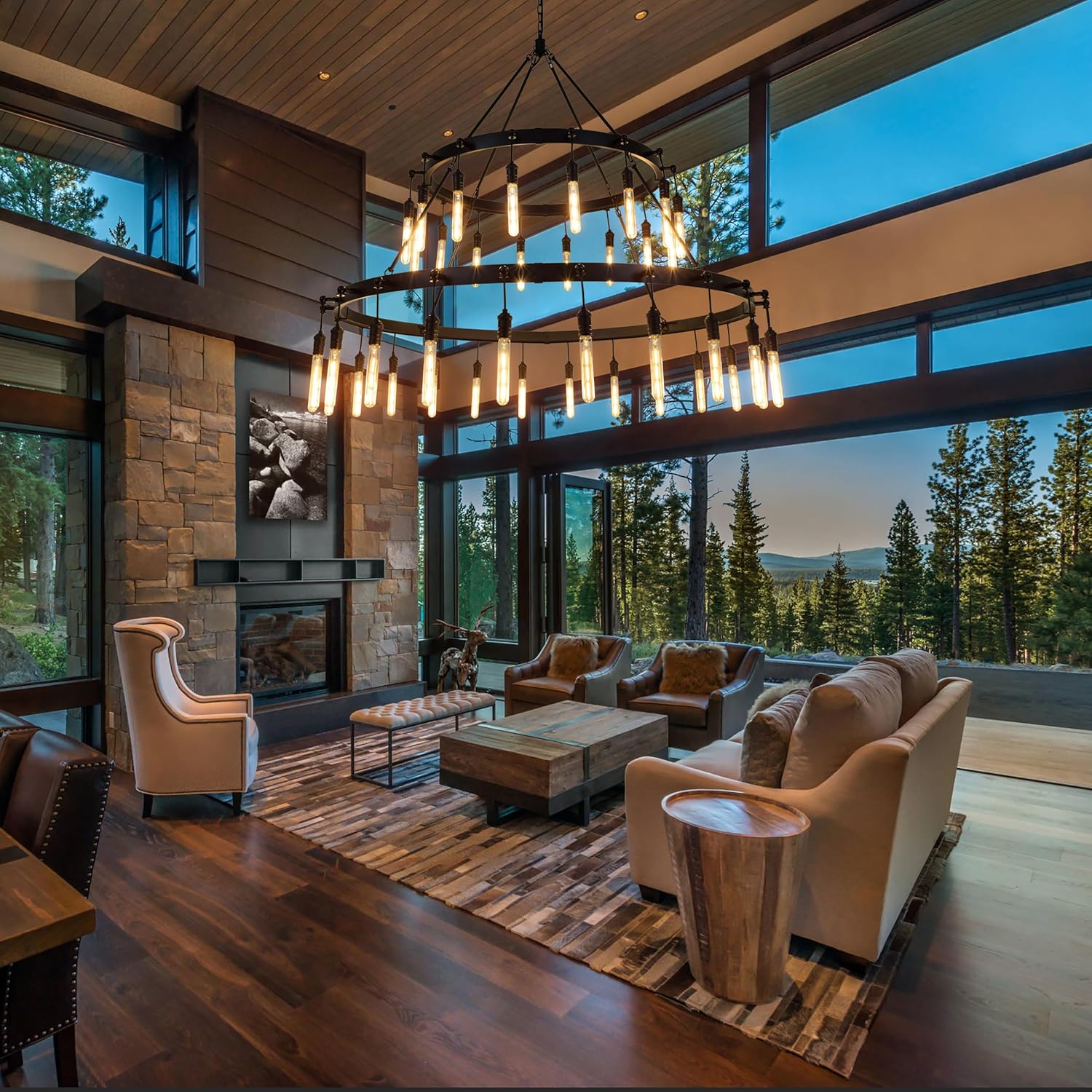 TOCHIC Black Chandelier Light Fixture, 60" W Farmhouse Round Wagon Wheel Chandelier for High Ceiling Dining Living Room, 40 Lights Vintage Industrial Large Hanging Chandelier for Foyer Kitchen lsland