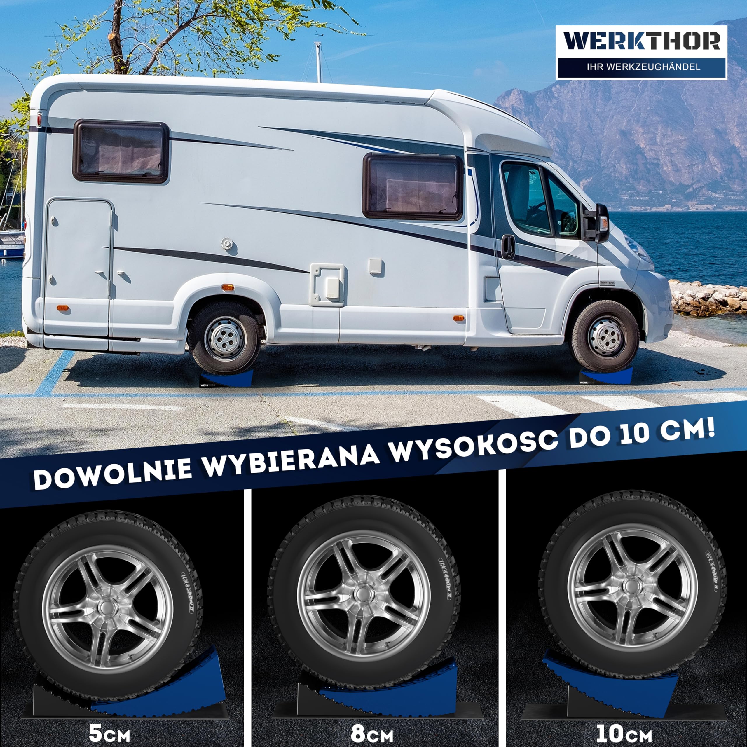 WERKTHOR Kliny pod Koł do Kamperów (Niebieskie) - [Zestaw 2] Sprawdzone Kliny pod Koła do Przyczep Kempingowych, Kamperów i Przyczep [<13,5 t] - Bezstopniowe Kliny pod Koła Wraz z Torbą