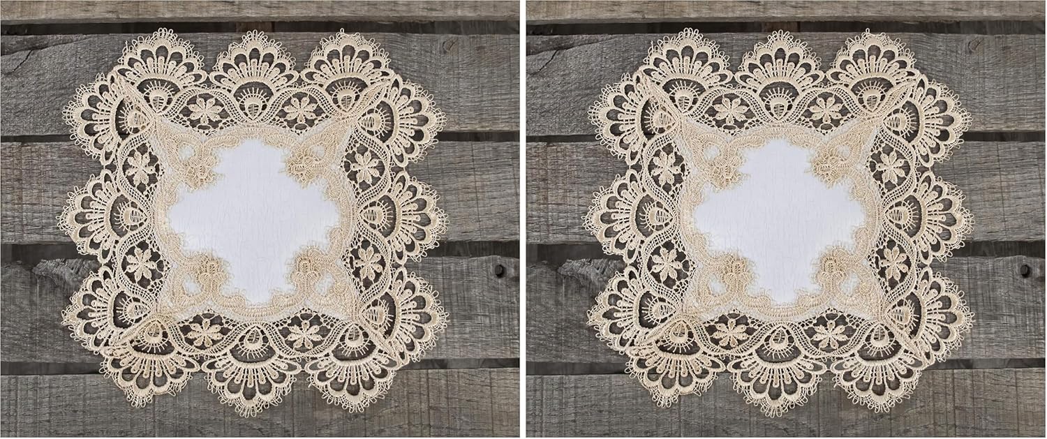 Gold European Lace and Antique Jacquard Fabric Doily, Placemat (14 Inch Square) (Pack of 2)