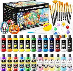 Conjunto de 40 peças de tinta acrílica clássica, metálica e pastel com 12 pincéis, 2 facas e paleta, 24 cores (60 ml) - para adultos, crianças, artistas e iniciantes - Kit de pintura de artes e