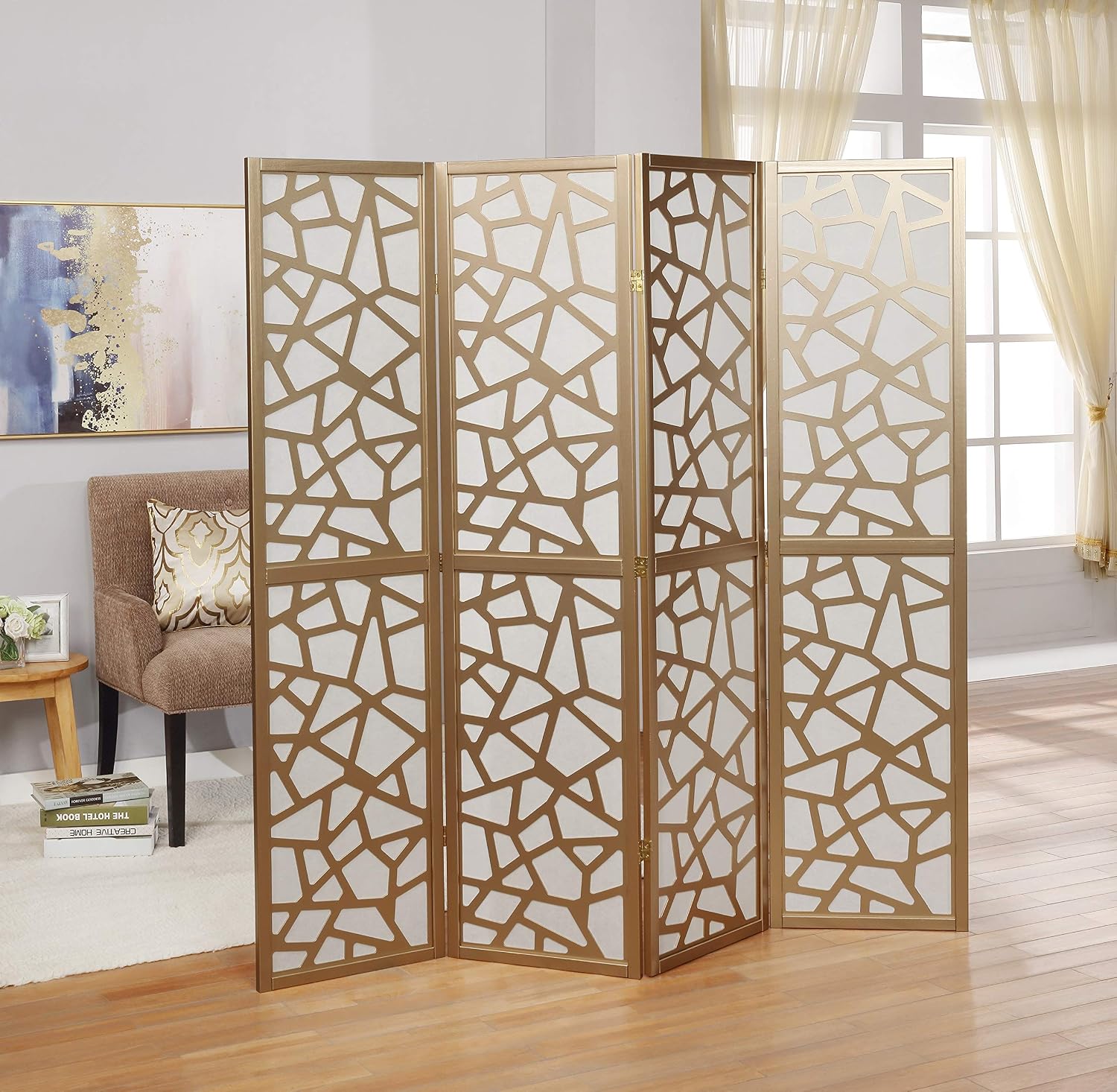 Roundhill Furniture Giyano 4 Panel Screen Room Divider, Gold - Image 2
